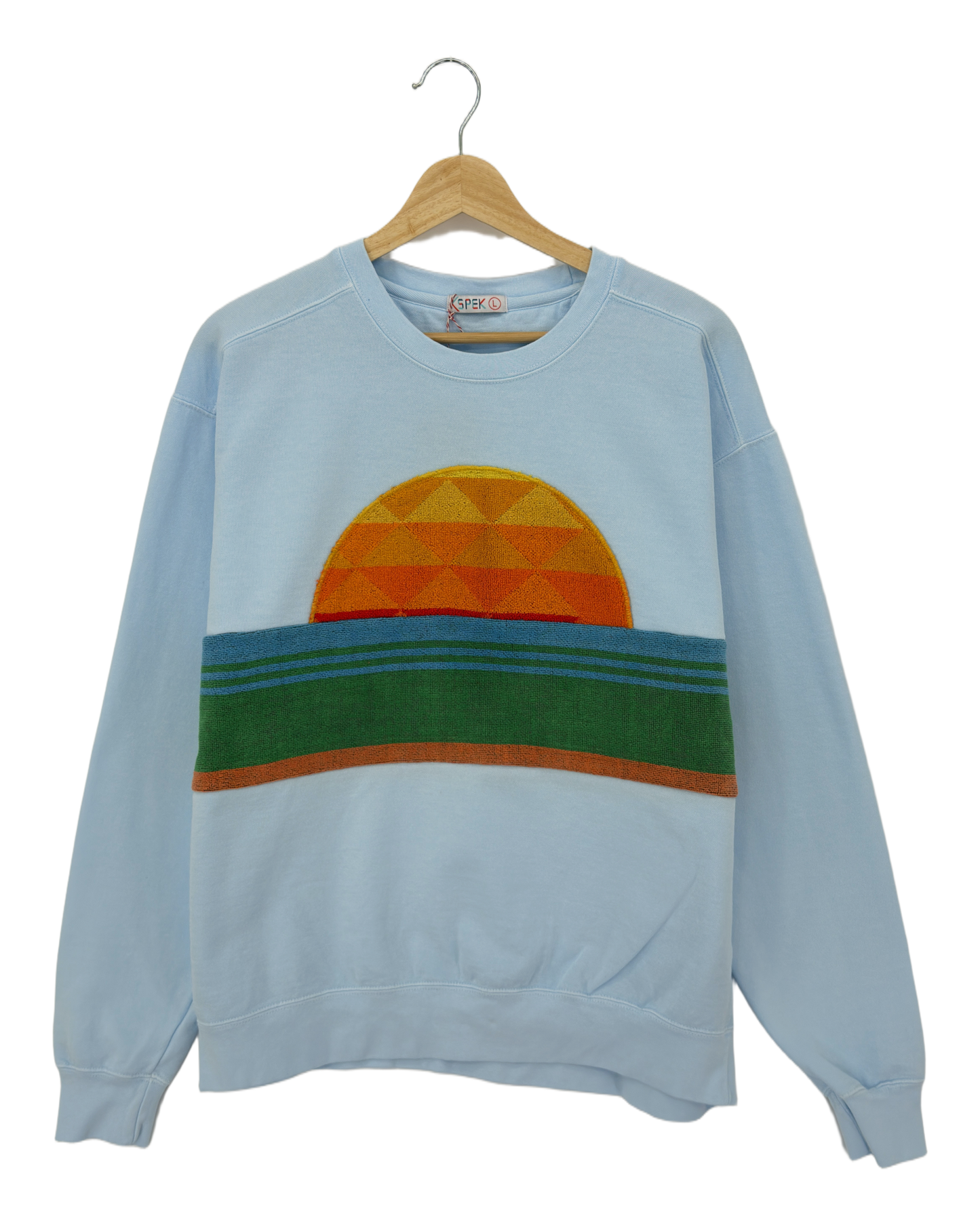 Large Aqua Sunset Chaser "Green Flash" — one-of-a-kind upcycled vintage beach towel sweatshirt, handmade by Kspek, view 3