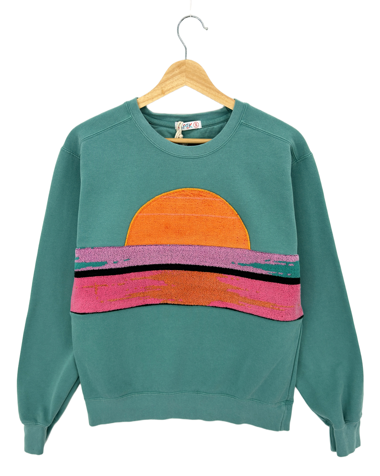 Small Light Jade Sunset Chaser "Waves & Whimsy" — one-of-a-kind upcycled vintage beach towel sweatshirt, handmade by Kspek, view 3