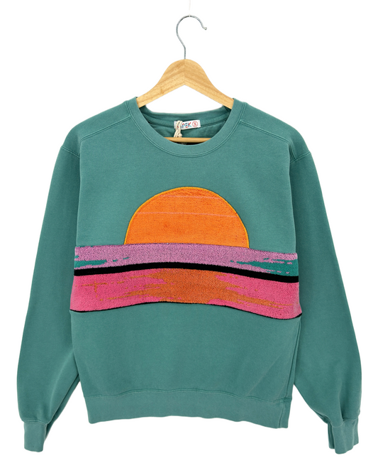 Small Light Jade Sunset Chaser "Waves & Whimsy" — one-of-a-kind upcycled vintage beach towel sweatshirt, handmade by Kspek, view 3