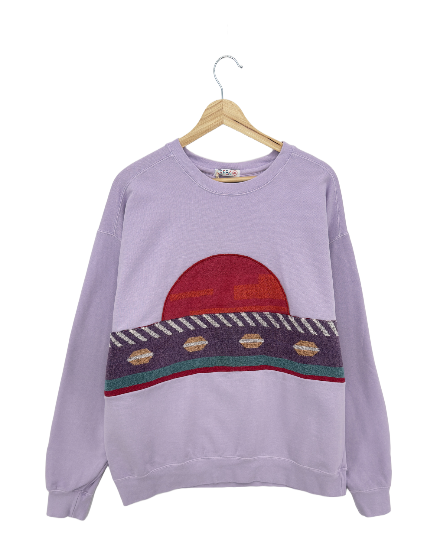 X-Large Lavender Sunset Chaser "Desert Sunset" — one-of-a-kind upcycled vintage beach towel sweatshirt, handmade by Kspek, view 3