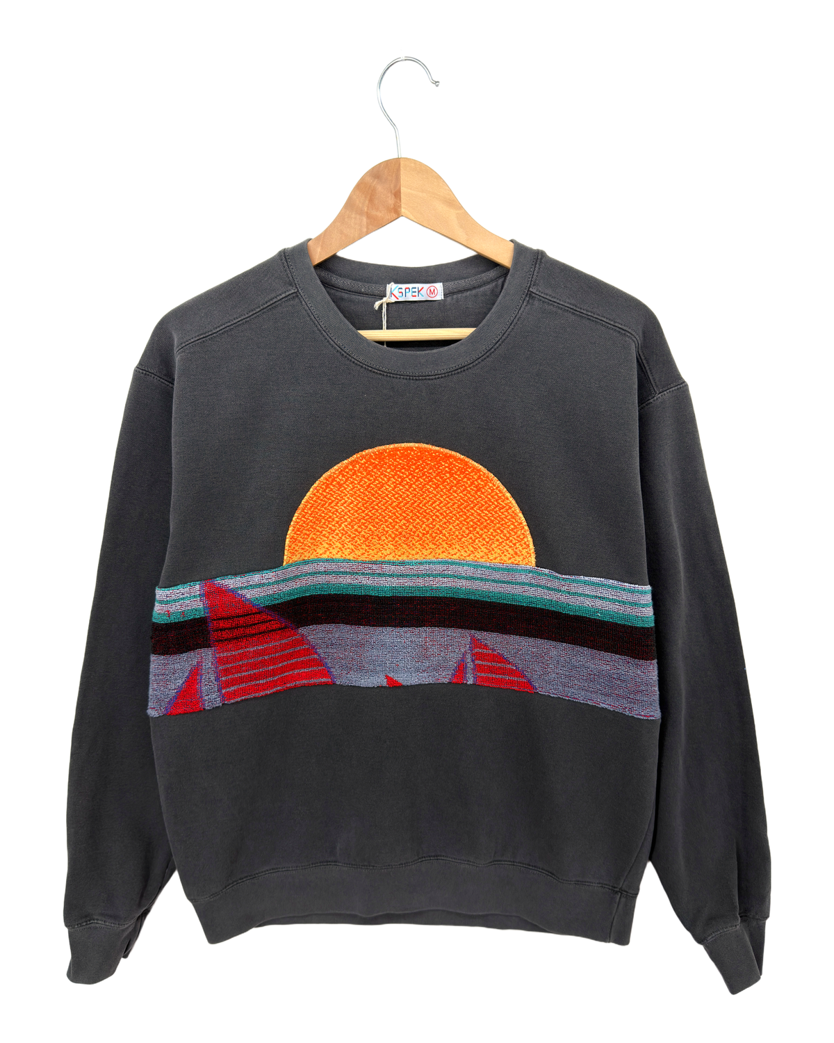 Medium Pepper Sunset Chaser "Sailboat Spectrum" — one-of-a-kind upcycled vintage beach towel sweatshirt, handmade by Kspek, view 4