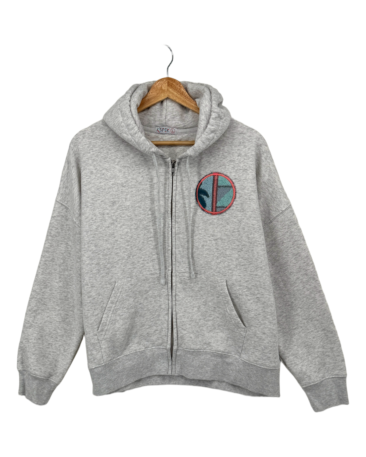 Large Light Heather Grey Making a Scene Zip Up Hoodie — one-of-a-kind upcycled vintage beach towel piece, handmade by Kspek, view 2