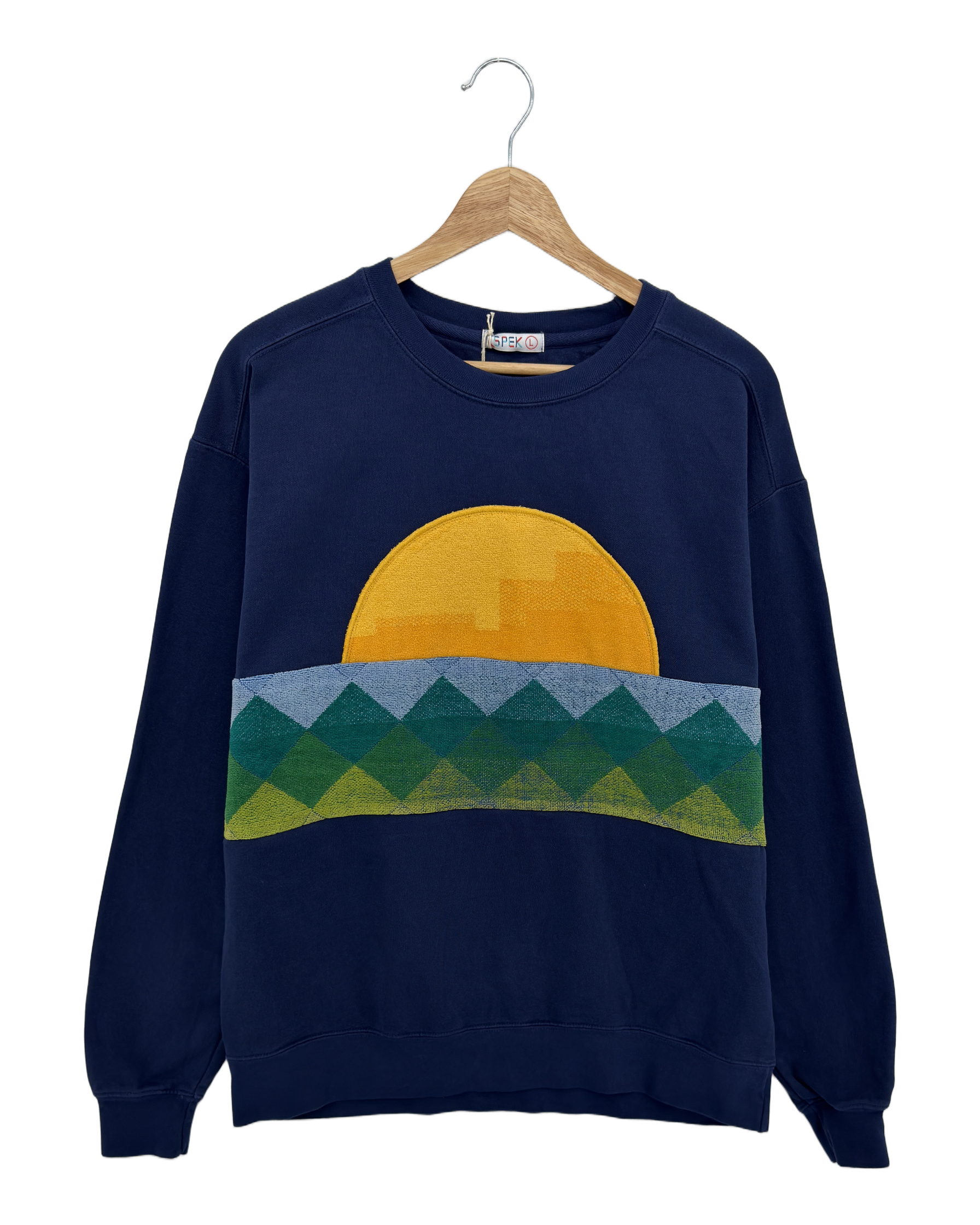 Large Navy Sunset Chaser "Golden Horizon" — one-of-a-kind upcycled vintage beach towel sweatshirt, handmade by Kspek, view 3