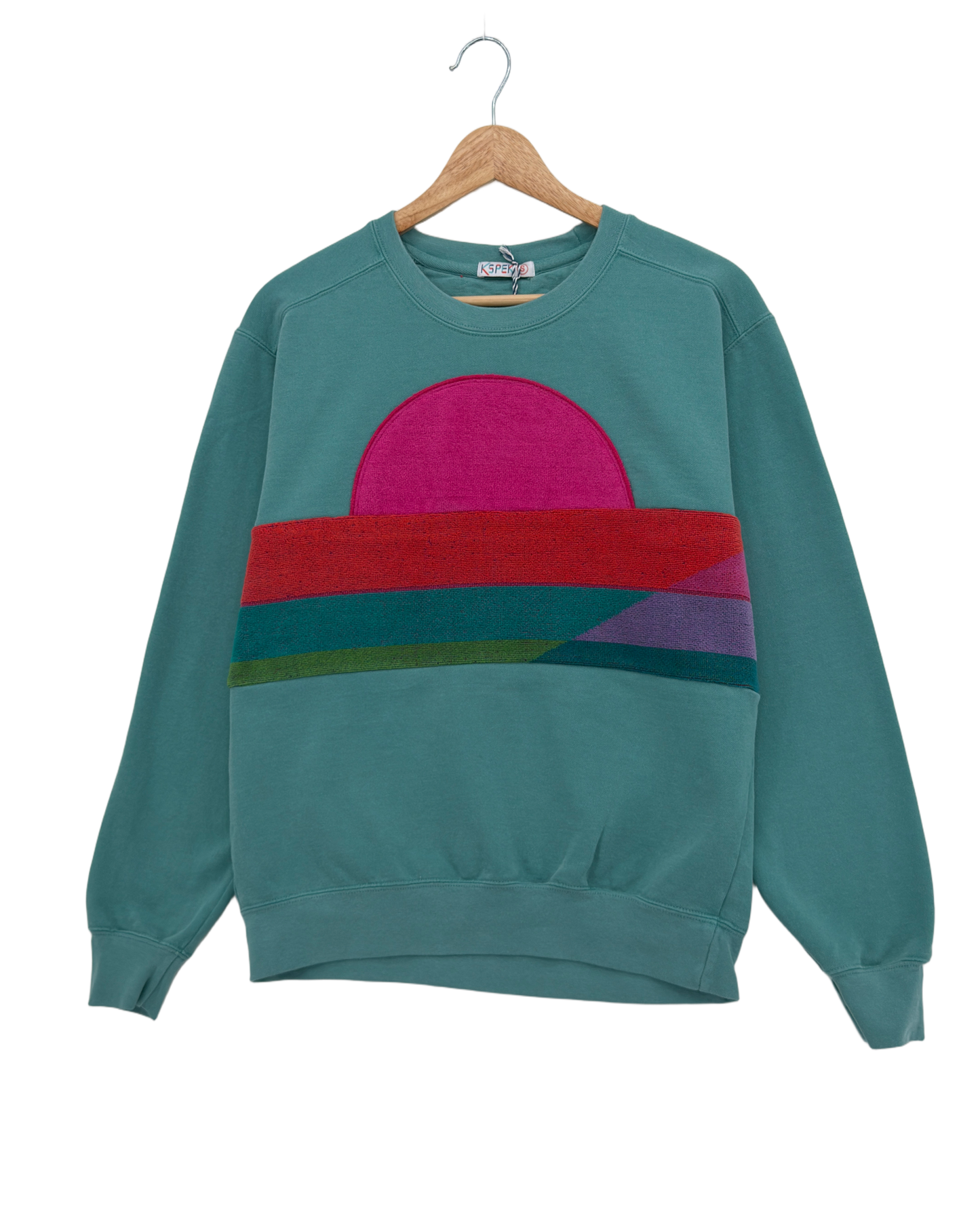 Small Light Jade Sunset Chaser "Vibrant Vibes" — one-of-a-kind upcycled vintage beach towel sweatshirt, handmade by Kspek, view 3