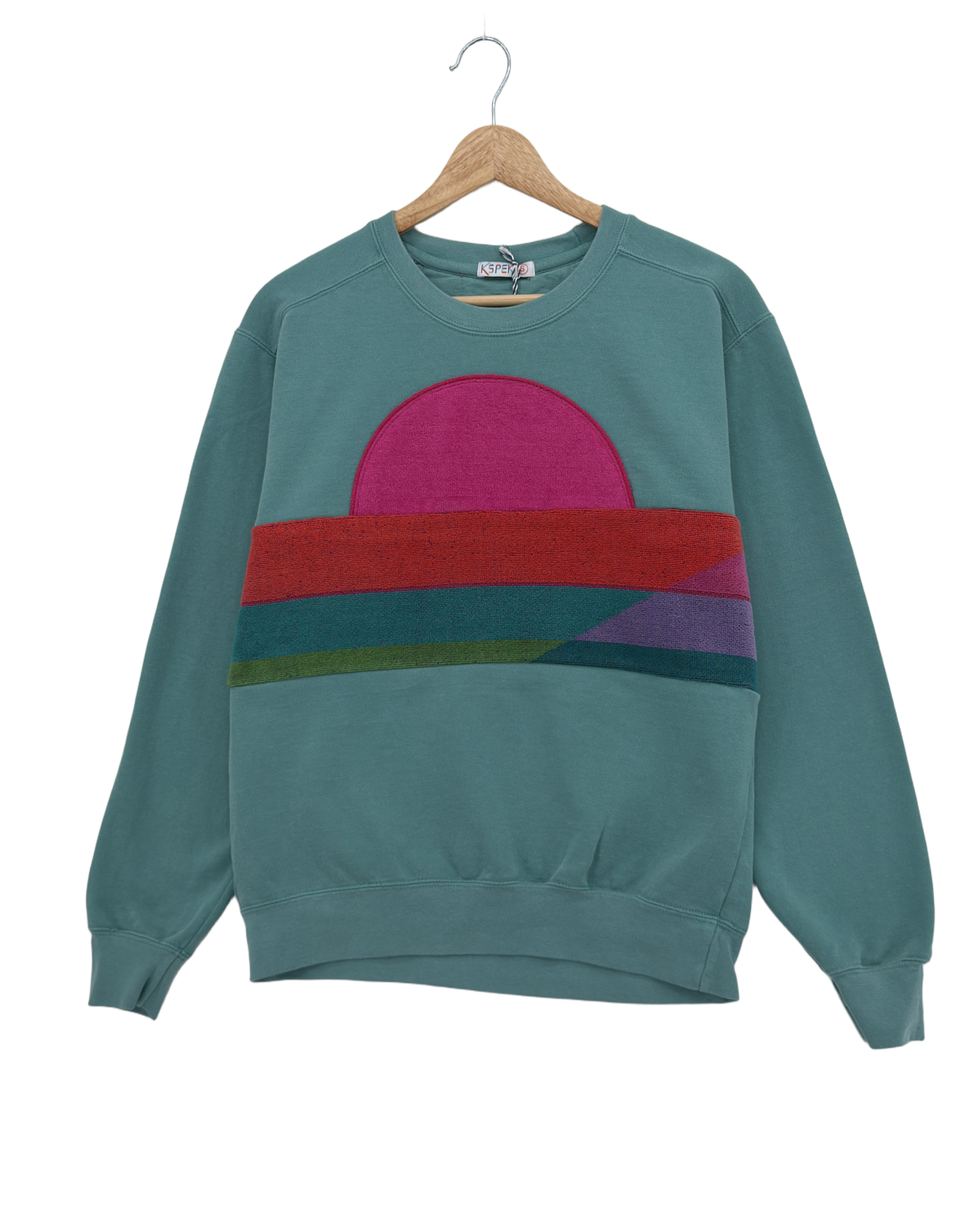Small Light Jade Sunset Chaser "Vibrant Vibes" — one-of-a-kind upcycled vintage beach towel sweatshirt, handmade by Kspek, view 3