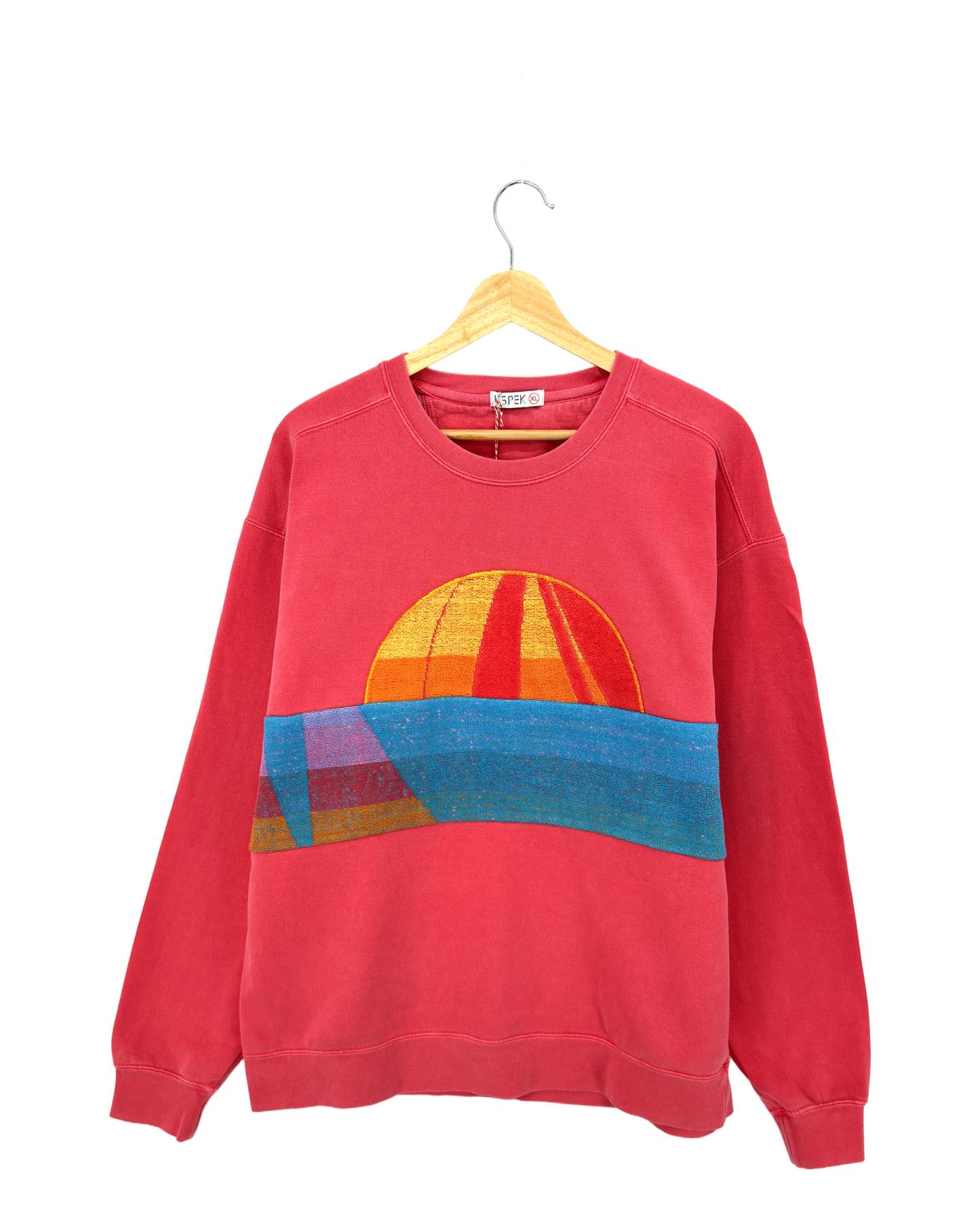 X-Large Watermelon Sunset Chaser "Sunset Sailor" — one-of-a-kind upcycled vintage beach towel sweatshirt, handmade by Kspek, view 3