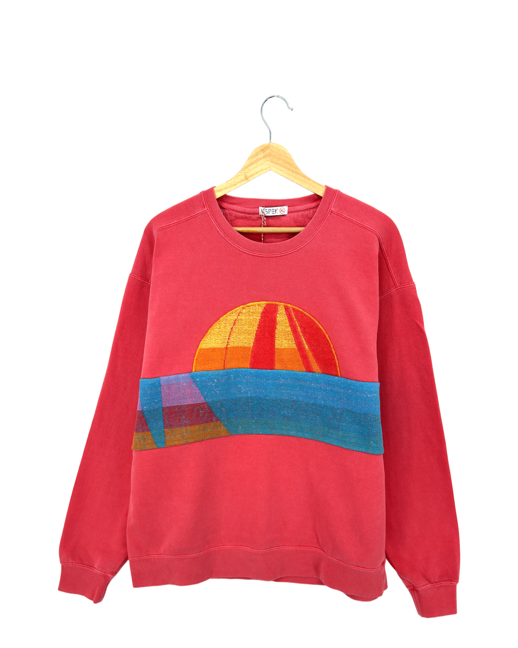 X-Large Watermelon Sunset Chaser "Sunset Sailor" — one-of-a-kind upcycled vintage beach towel sweatshirt, handmade by Kspek, view 3
