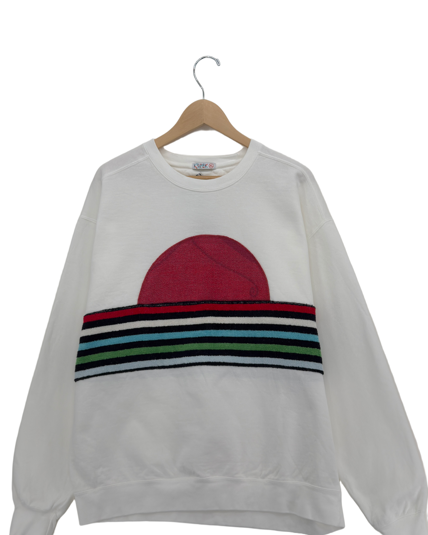 X-Large White Sunset Chaser "Coastal Horizon" — one-of-a-kind upcycled vintage beach towel sweatshirt, handmade by Kspek, view 3