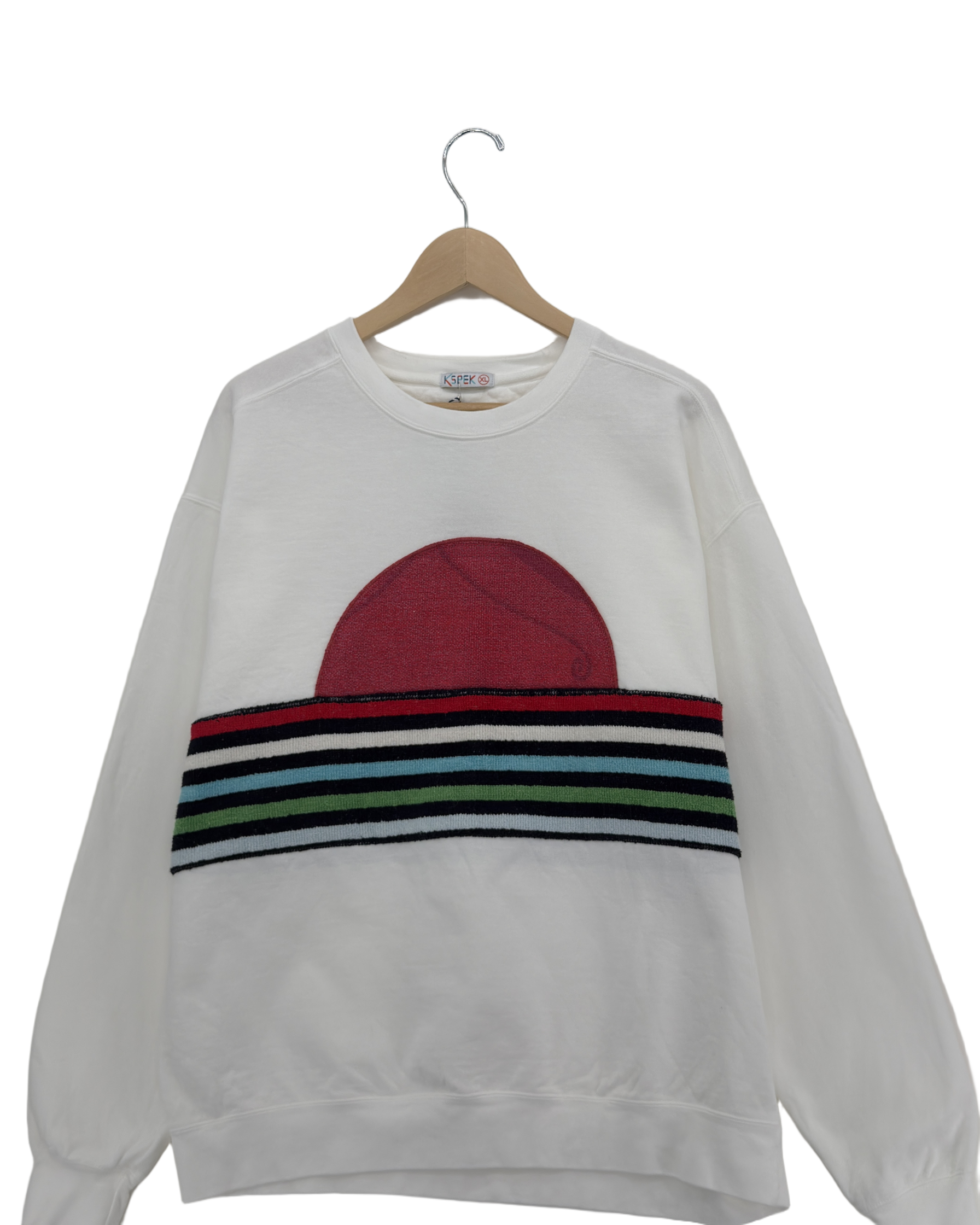 X-Large White Sunset Chaser "Coastal Horizon" — one-of-a-kind upcycled vintage beach towel sweatshirt, handmade by Kspek, view 3
