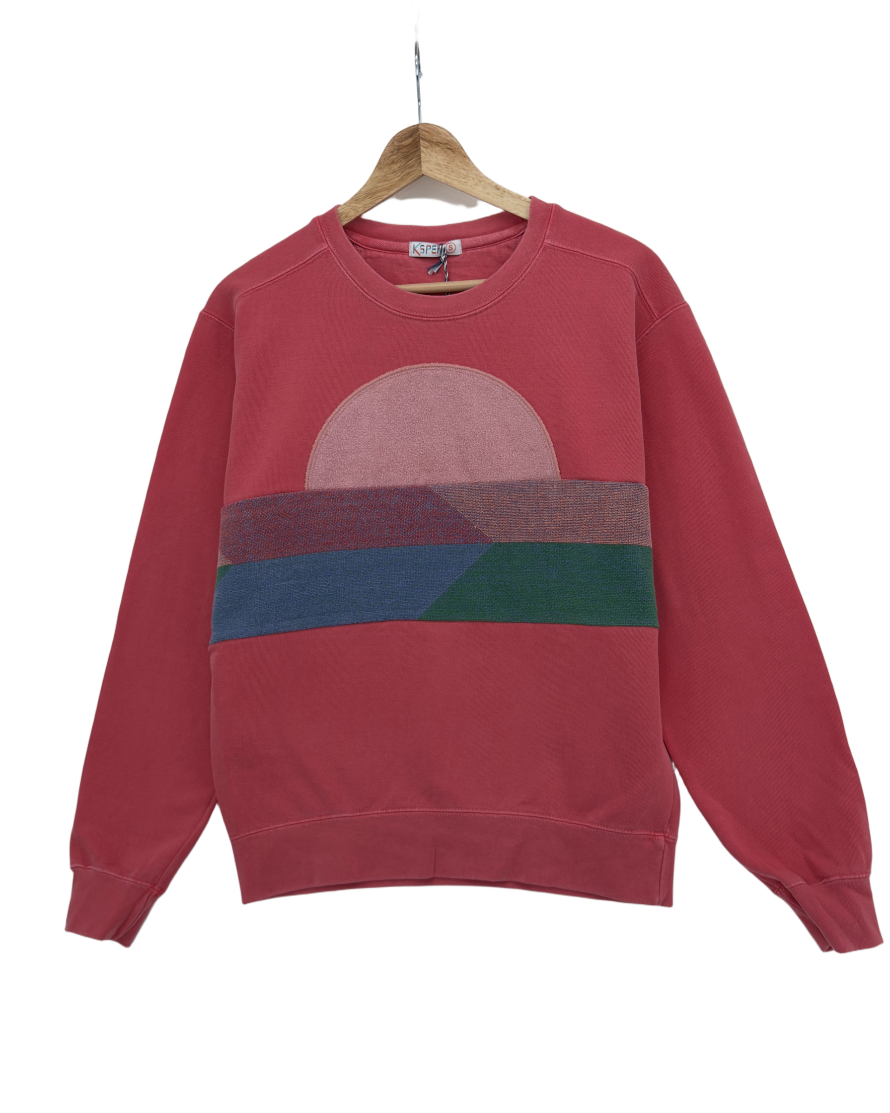 Small Watermelon Sunset Chaser "Horizon Glimpse" — one-of-a-kind upcycled vintage beach towel sweatshirt, handmade by Kspek