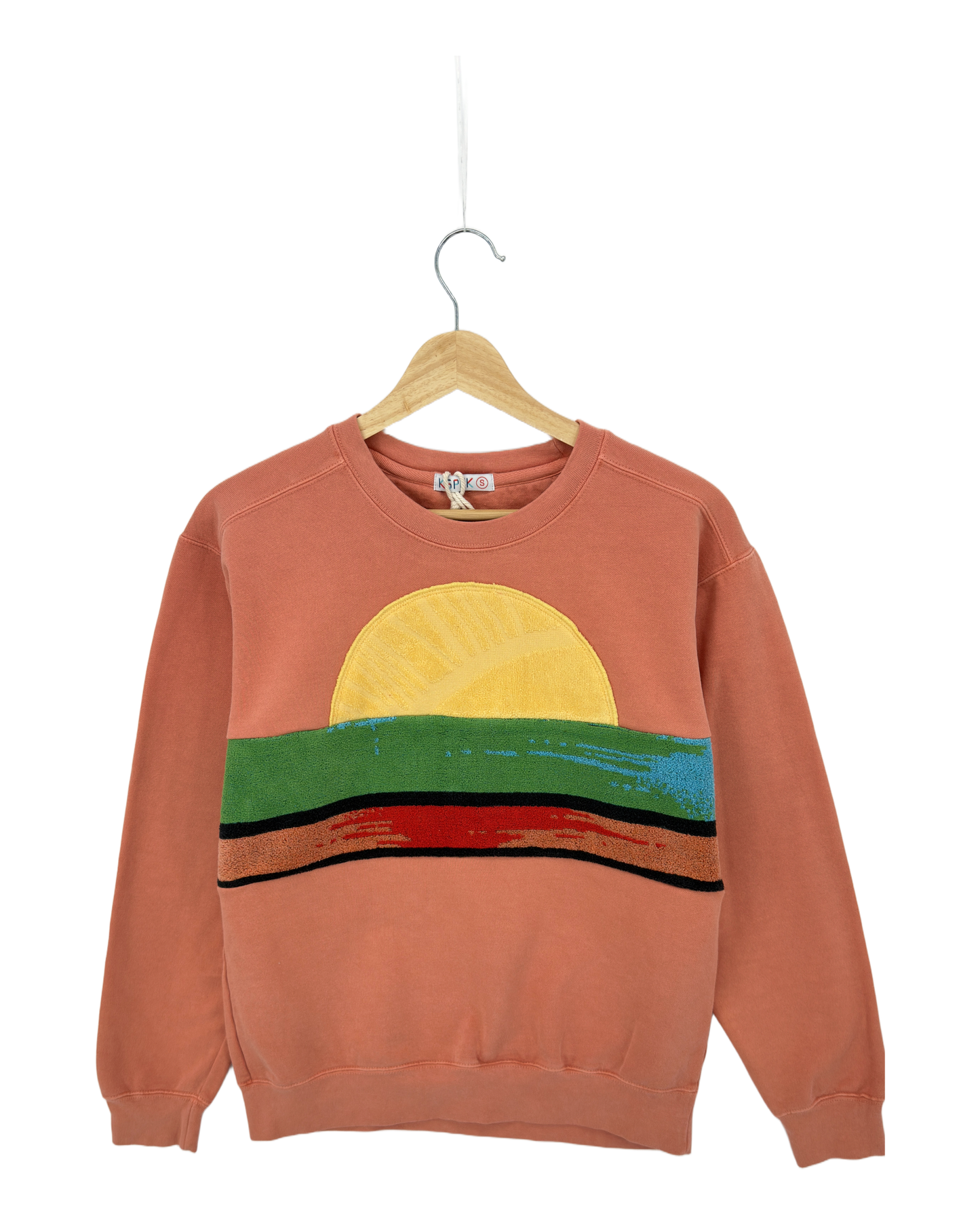 Small Terracotta Sunset Chaser "Canyon Breeze" — one-of-a-kind upcycled vintage beach towel sweatshirt, handmade by Kspek, view 3