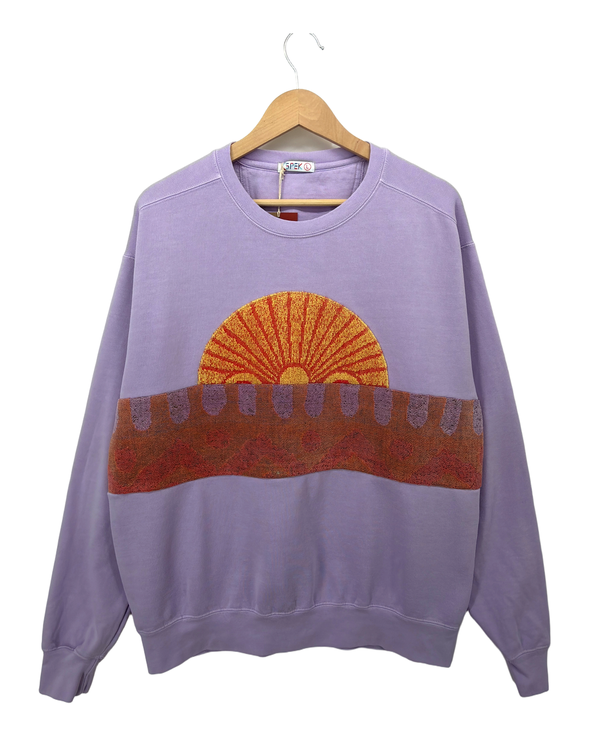 Large Lavender Sunset Chaser "Radiant Horizon" — one-of-a-kind upcycled vintage beach towel sweatshirt, handmade by Kspek, view 4