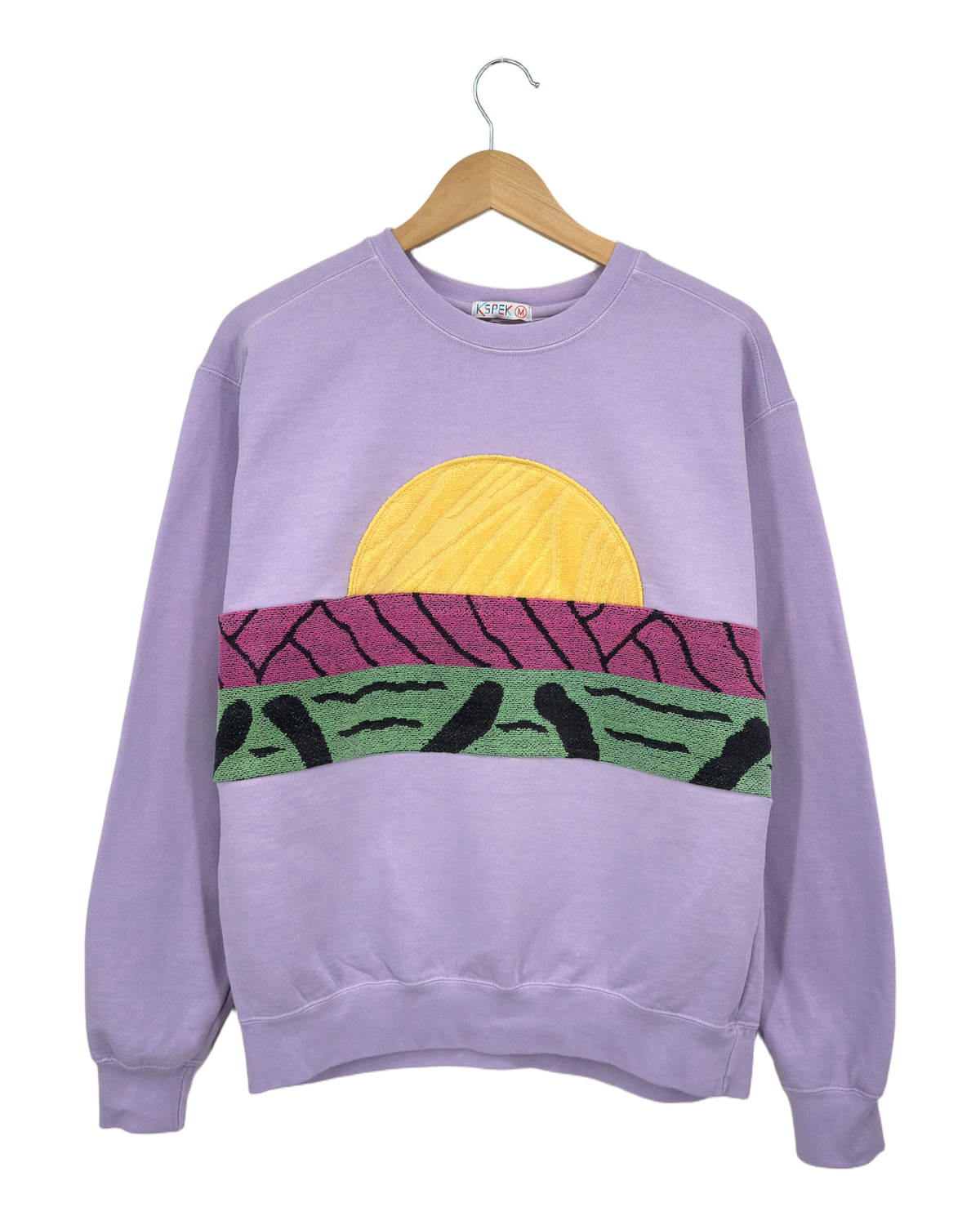 Medium Lavender Sunset Chaser "Savanna Sunrise" — one-of-a-kind upcycled vintage beach towel sweatshirt, handmade by Kspek, view 4
