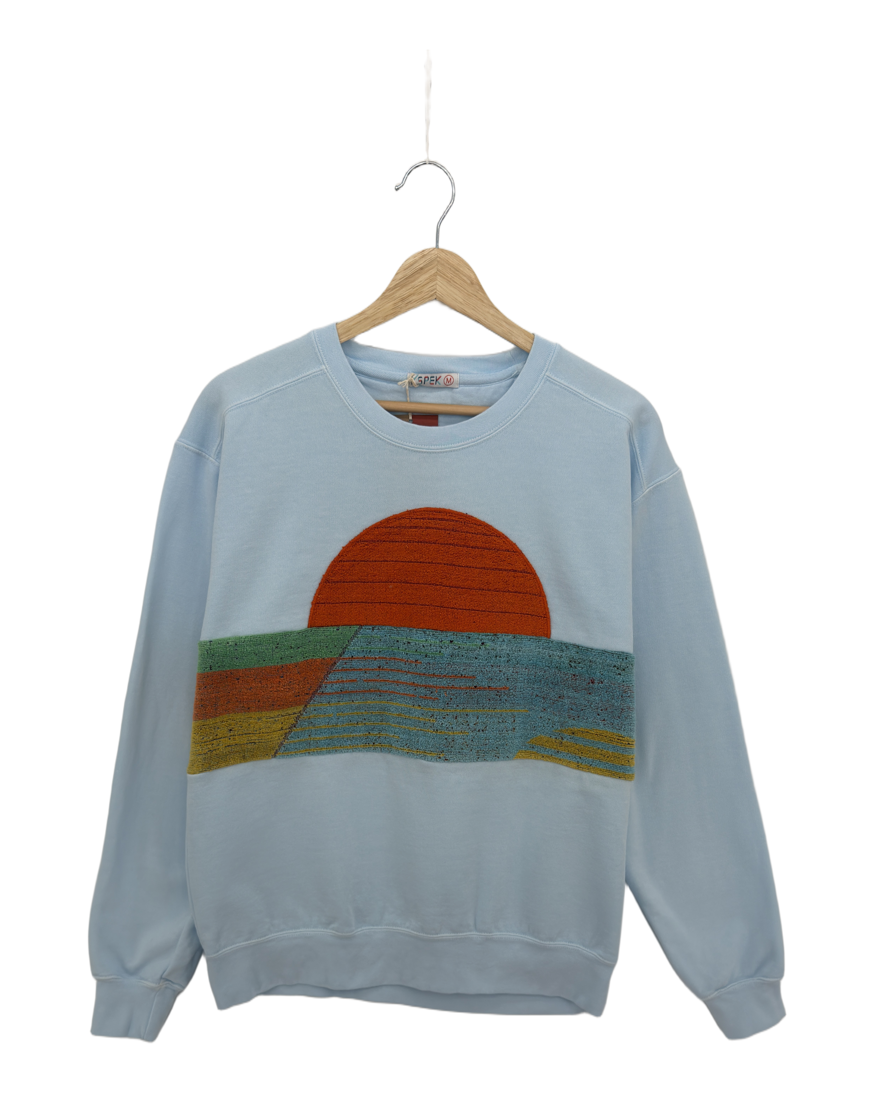 Medium Aqua Sunset Chaser "Horizon Dreamscape" — one-of-a-kind upcycled vintage beach towel sweatshirt, handmade by Kspek, view 3