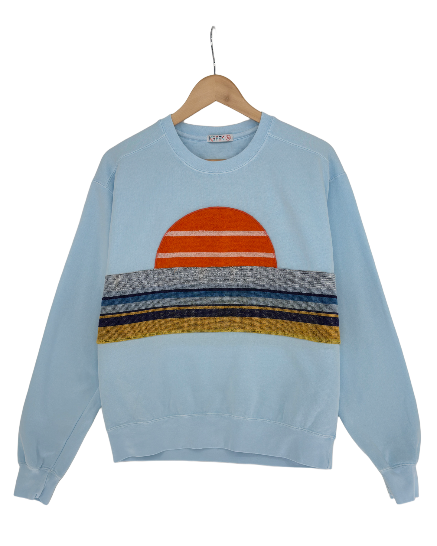 Medium Aqua Sunset Chaser "Surf Town" — one-of-a-kind upcycled vintage beach towel sweatshirt, handmade by Kspek, view 3