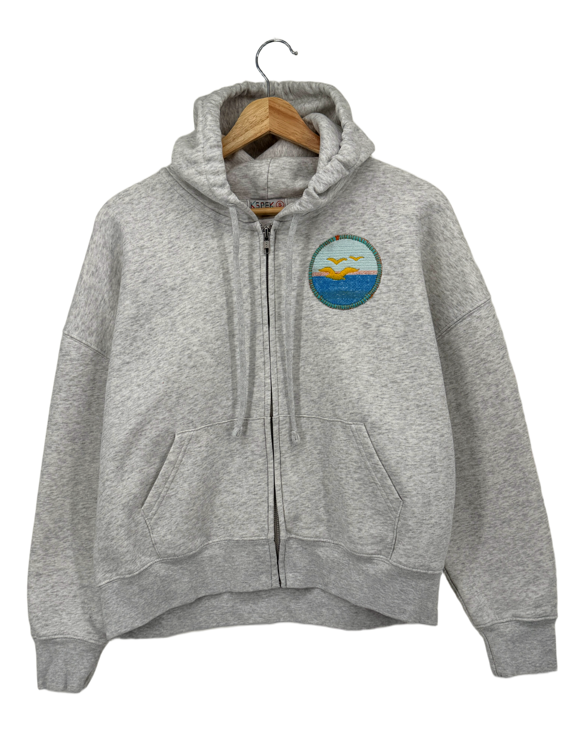 Small Light Heather Grey Making a Scene Zip Up Hoodie — one-of-a-kind upcycled vintage beach towel piece, handmade by Kspek, view 2