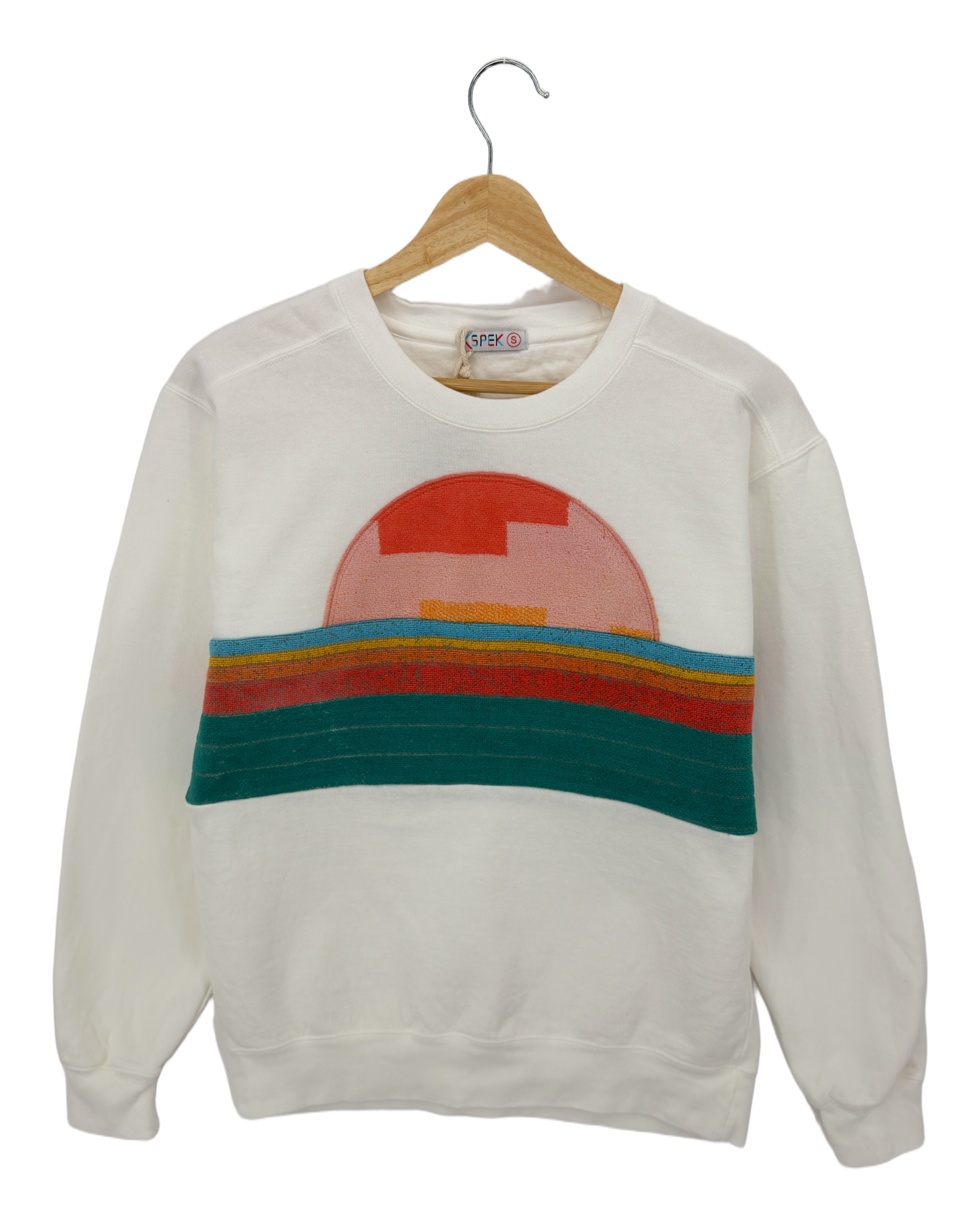 Small White Sunset Chaser "Vintage Shoreline" — one-of-a-kind upcycled vintage beach towel sweatshirt, handmade by Kspek, view 3