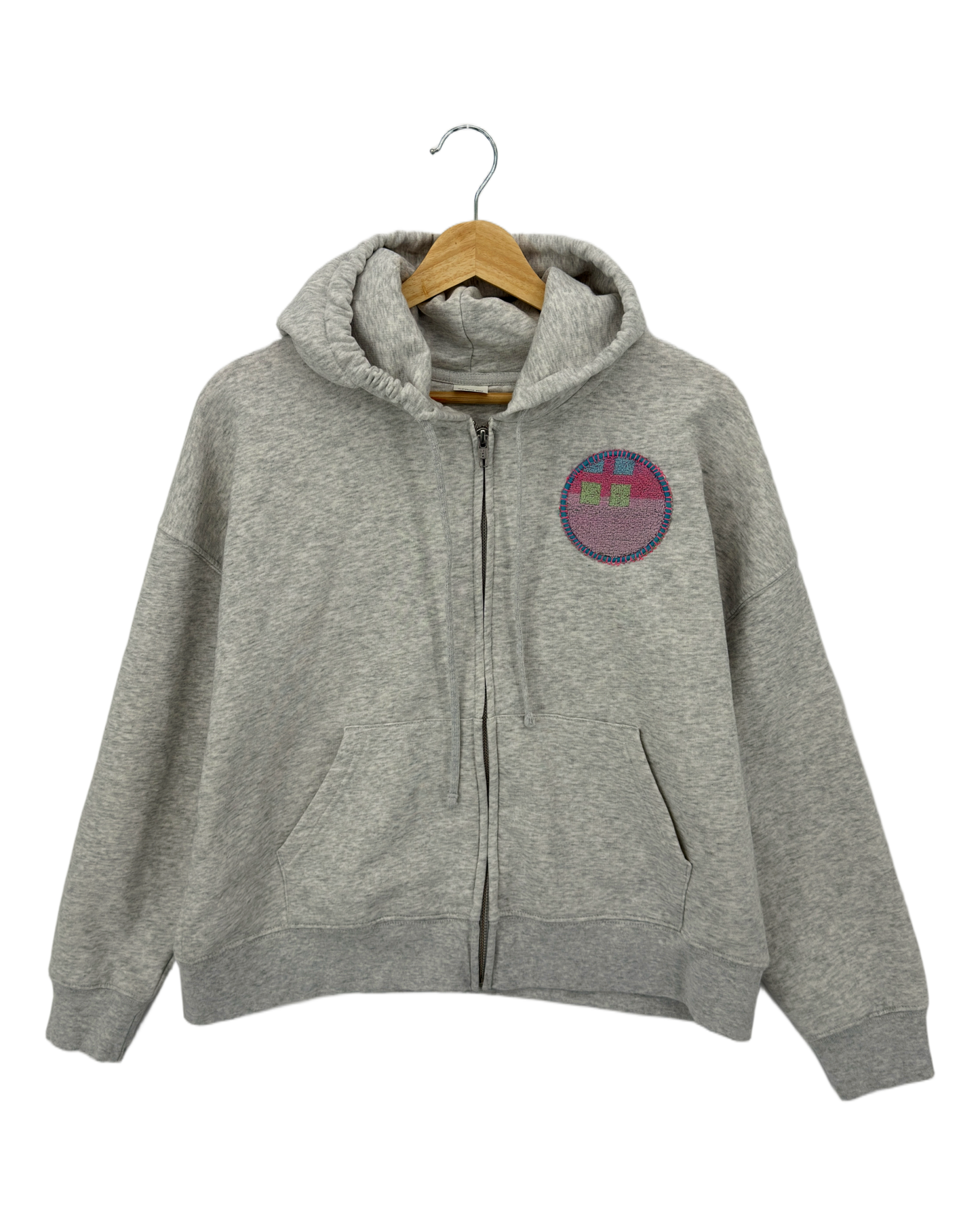 Medium Light Heather Grey Making a Scene Zip Up Hoodie — one-of-a-kind upcycled vintage beach towel piece, handmade by Kspek, view 2
