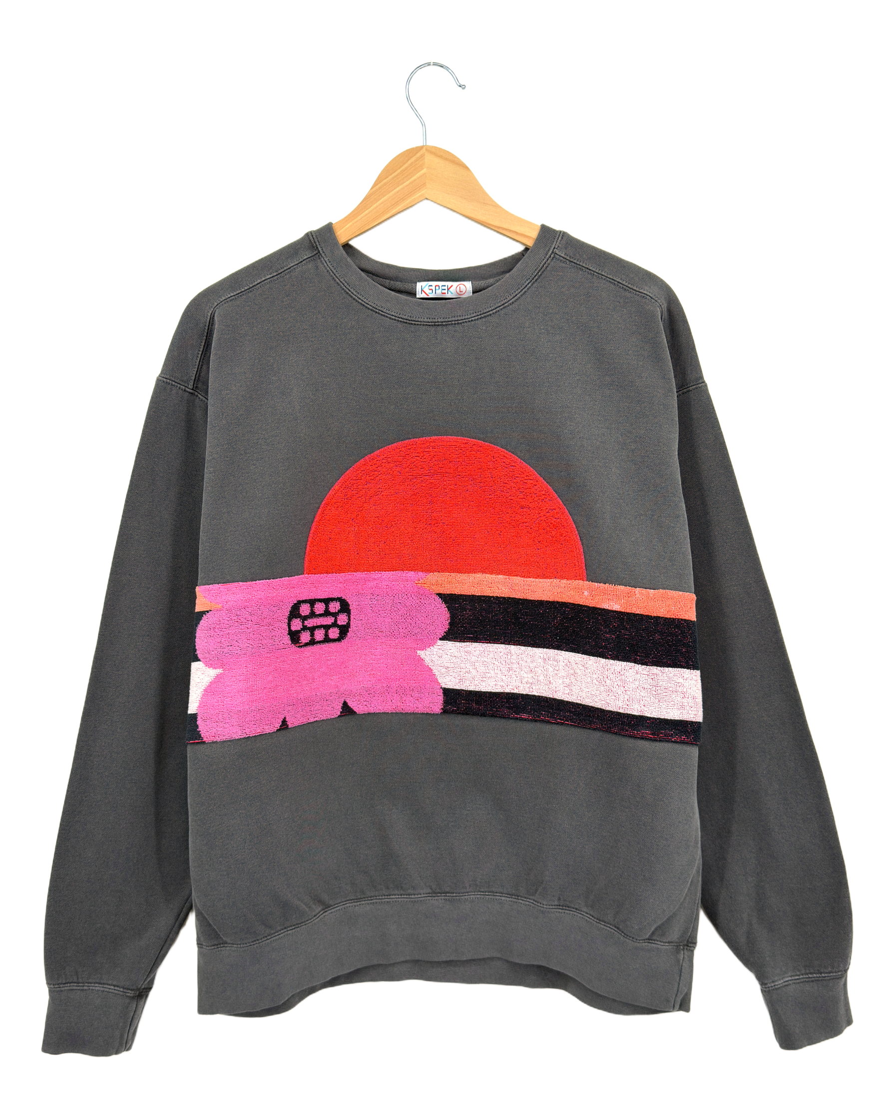 Large Pepper Sunset Chaser "Blooming Sunset" — one-of-a-kind upcycled vintage beach towel sweatshirt, handmade by Kspek, view 4