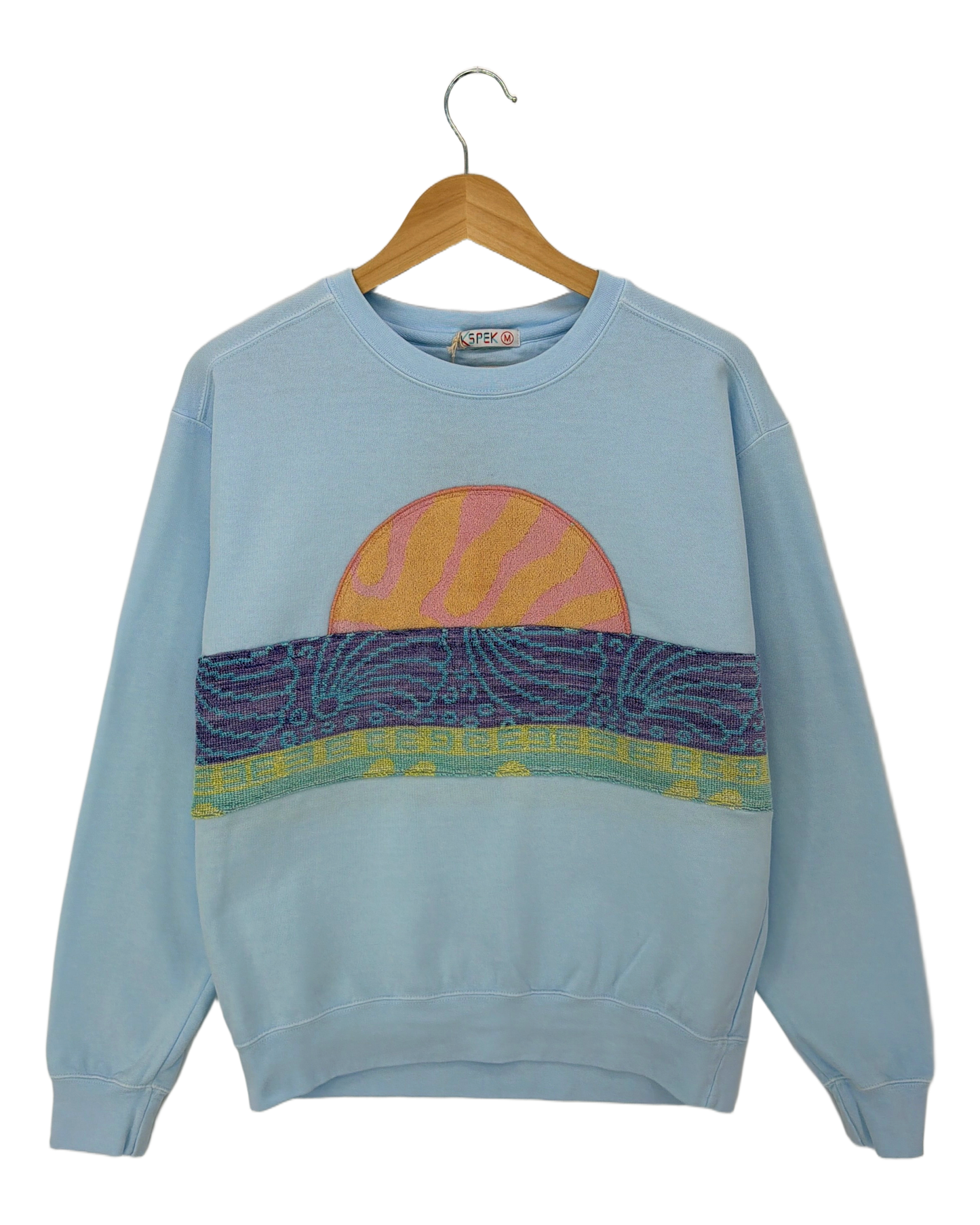 Medium Aqua Sunset Chaser "Horizon Bliss" — one-of-a-kind upcycled vintage beach towel sweatshirt, handmade by Kspek, view 4