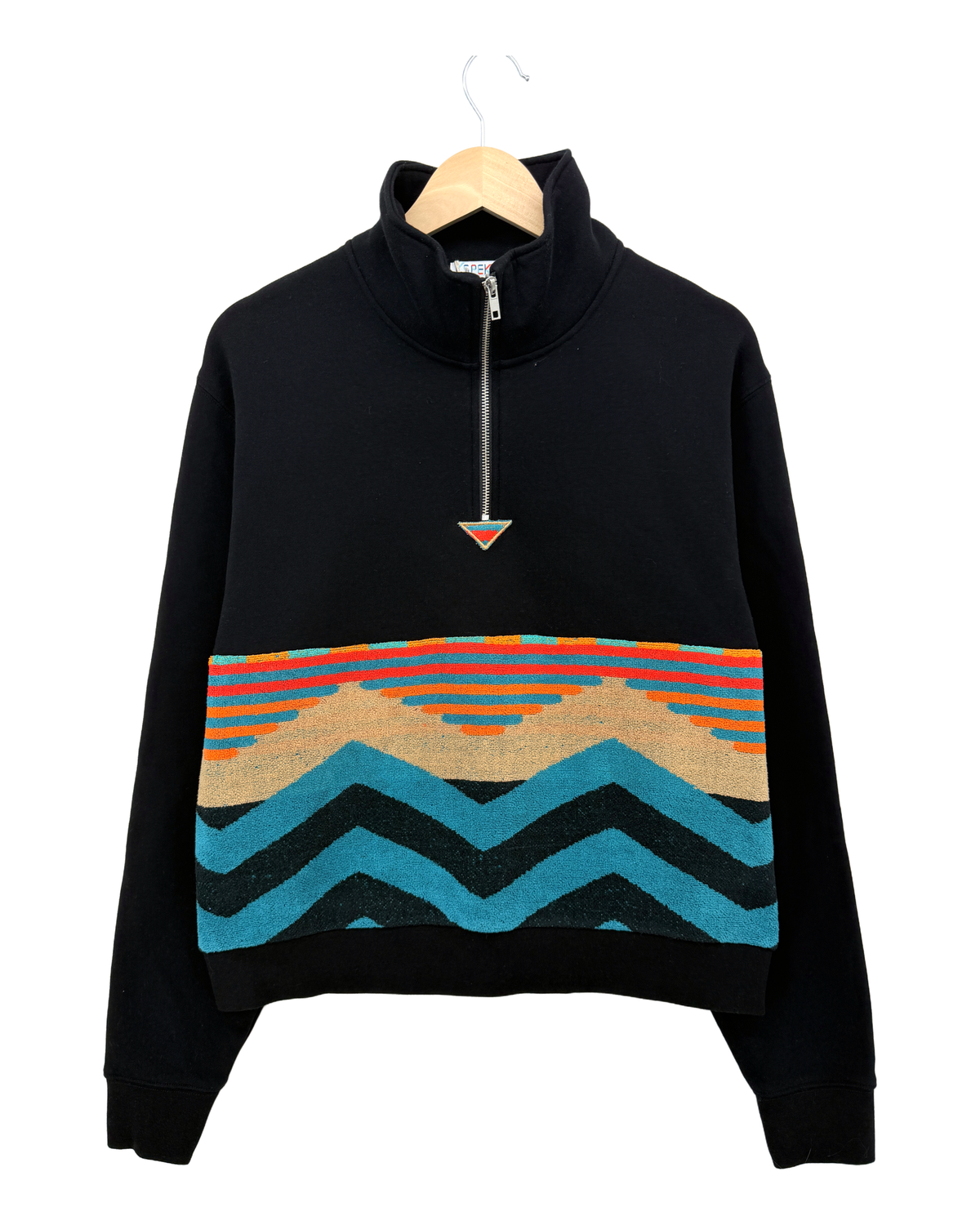 Large Black 1/4 Zip "Wave Runner" — handmade by Kspek from upcycled vintage textiles