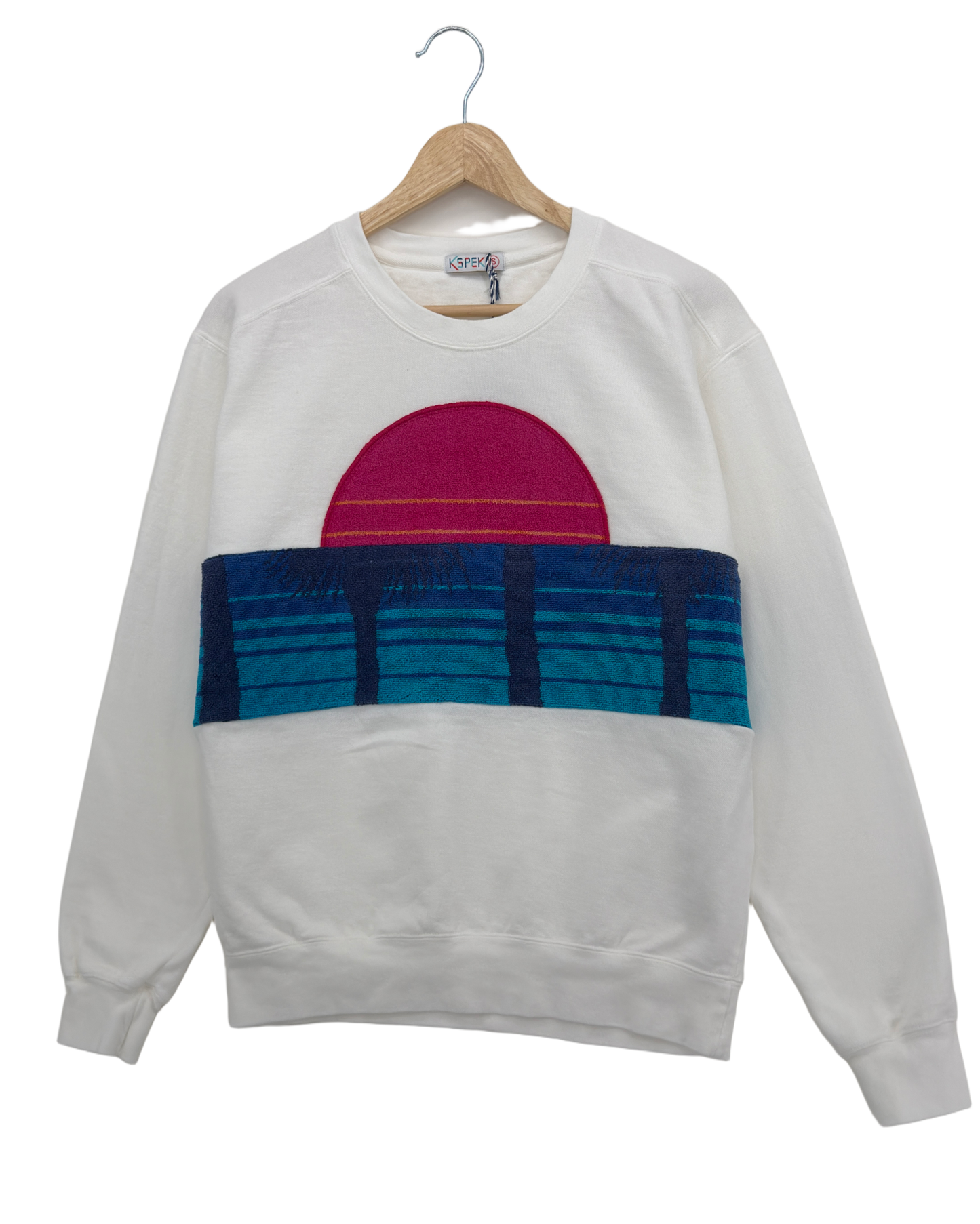 Small White Sunset Chaser "Coastal Dreaming" — one-of-a-kind upcycled vintage beach towel sweatshirt, handmade by Kspek, view 3