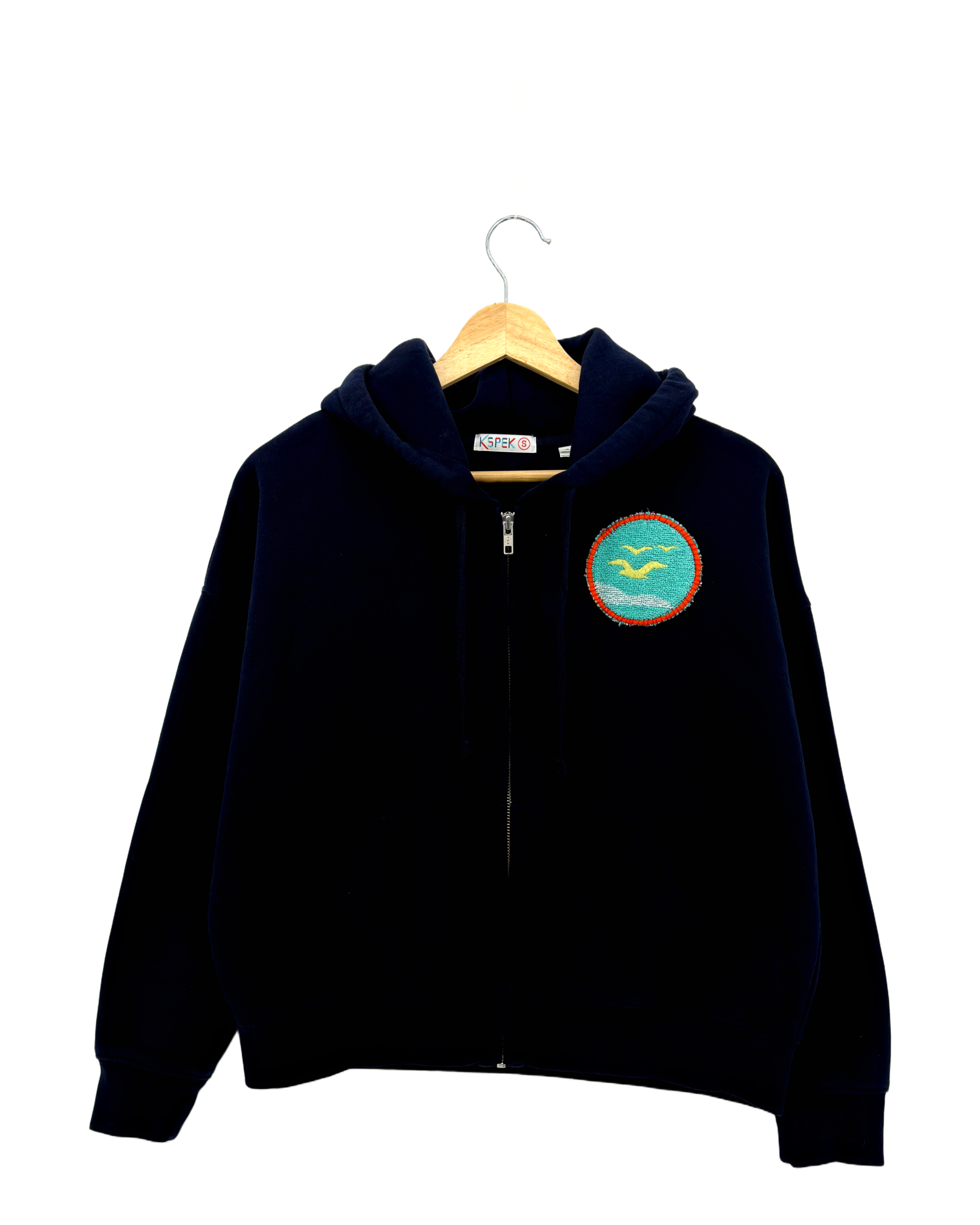Small Navy Making a Scene Zip Up Hoodie — one-of-a-kind upcycled vintage beach towel piece, handmade by Kspek, view 2