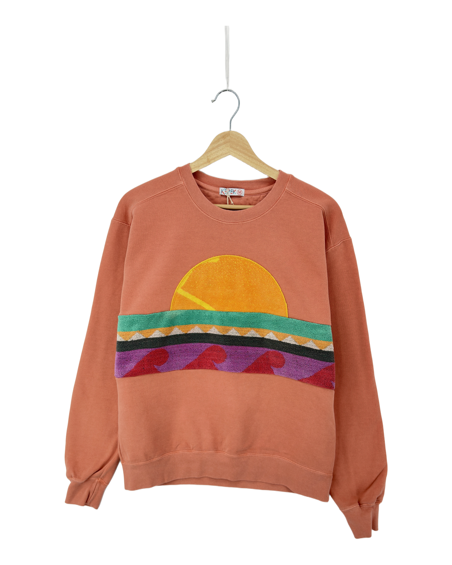 Medium Terracotta Sunset Chaser "Retro Shoreline Drifter" — one-of-a-kind upcycled vintage beach towel sweatshirt, handmade by Kspek, view 3