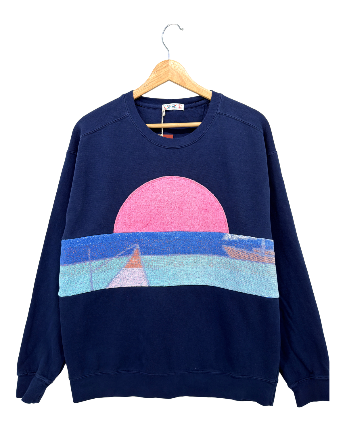 Large Navy Sunset Chaser "Pink Sail Silhouette" — one-of-a-kind upcycled vintage beach towel sweatshirt, handmade by Kspek, view 4