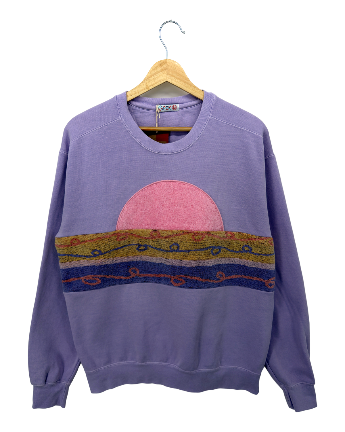 Medium Lavender Sunset Chaser "Rosy Horizon Layers" — one-of-a-kind upcycled vintage beach towel sweatshirt, handmade by Kspek, view 4