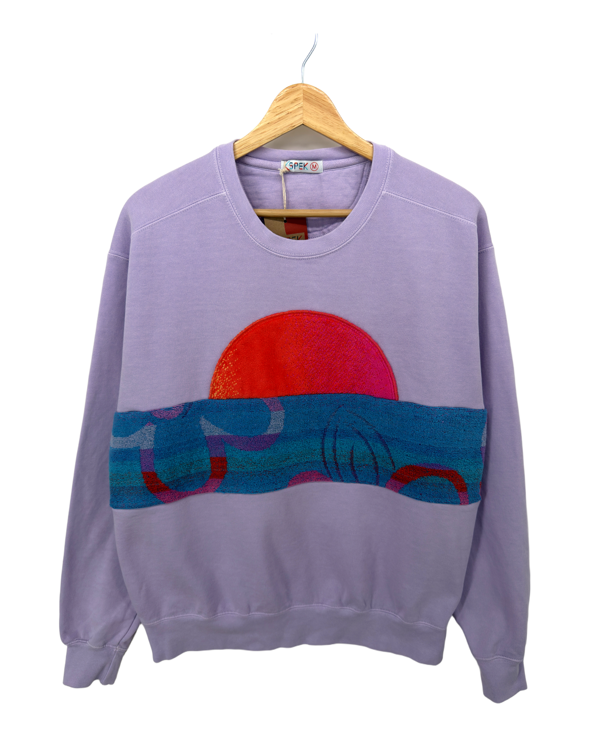 Medium Lavender Sunset Chaser "Crimson Eclipse" — one-of-a-kind upcycled vintage beach towel sweatshirt, handmade by Kspek, view 4