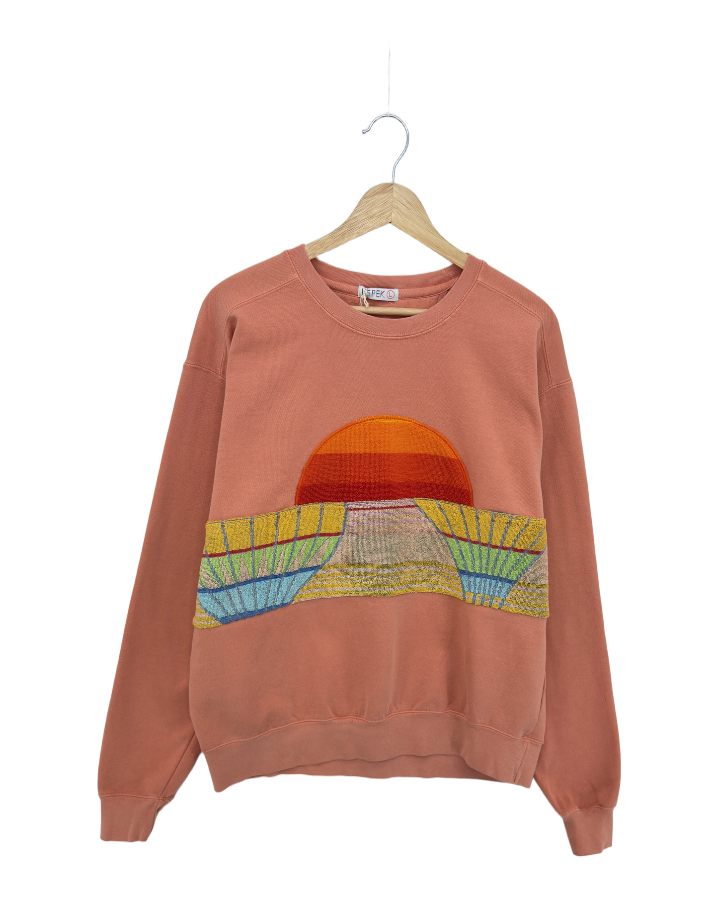 Large Terracotta Sunset Chaser "Desert Dusk" — one-of-a-kind upcycled vintage beach towel sweatshirt, handmade by Kspek, view 3