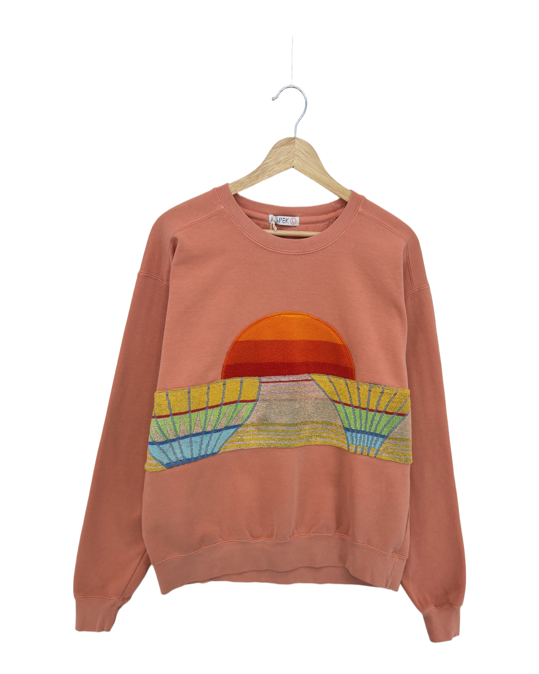 Large Terracotta Sunset Chaser "Desert Dusk" — one-of-a-kind upcycled vintage beach towel sweatshirt, handmade by Kspek, view 3
