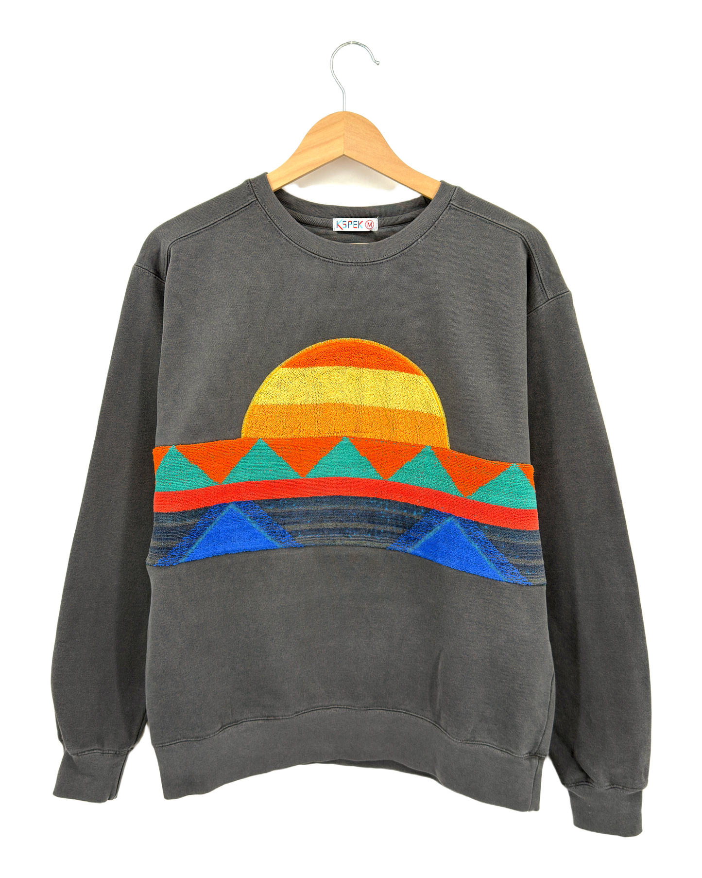 Medium Pepper Sunset Chaser "Geometric Sunrise" — one-of-a-kind upcycled vintage beach towel sweatshirt, handmade by Kspek, view 4
