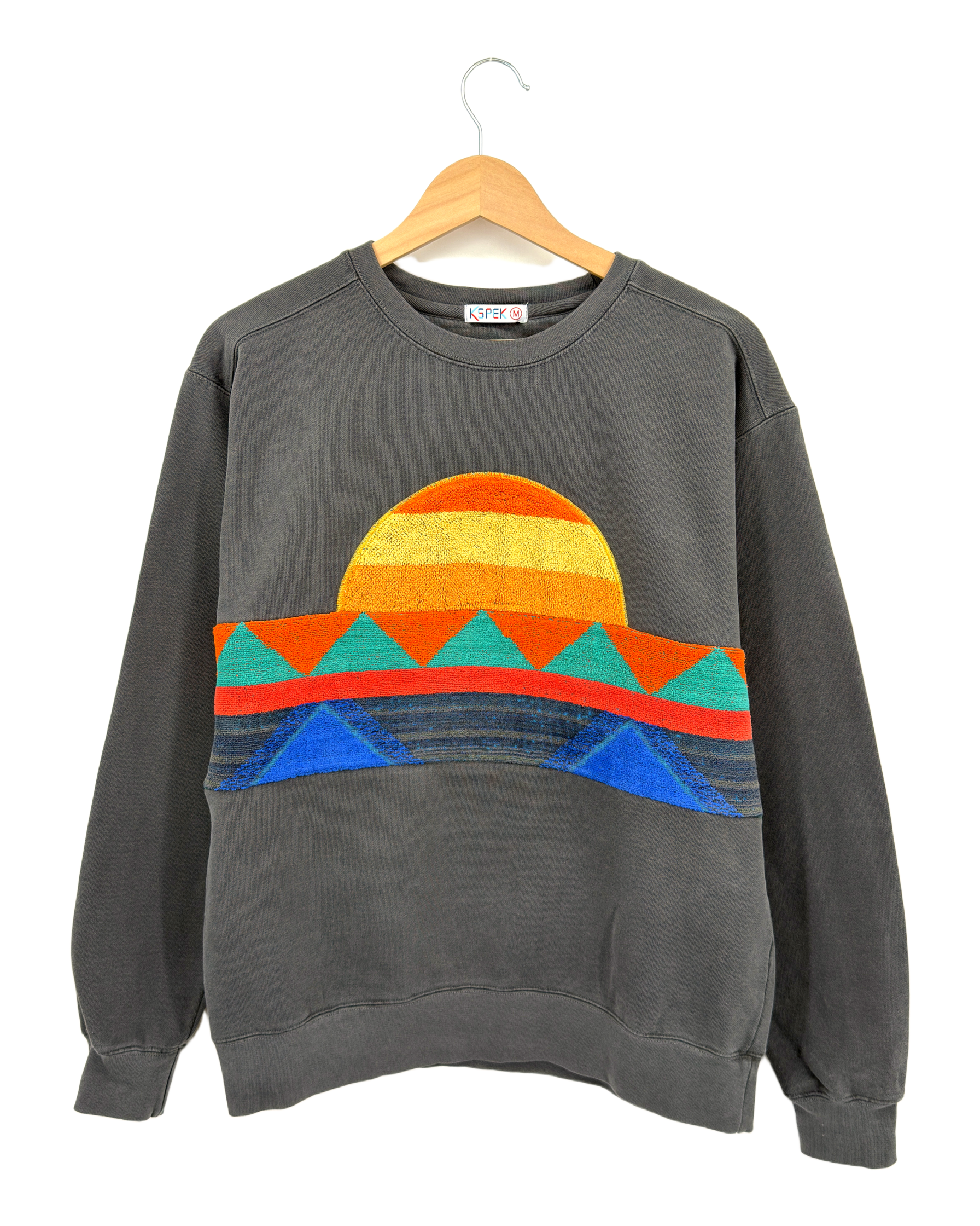 Medium Pepper Sunset Chaser "Geometric Sunrise" — one-of-a-kind upcycled vintage beach towel sweatshirt, handmade by Kspek, view 4