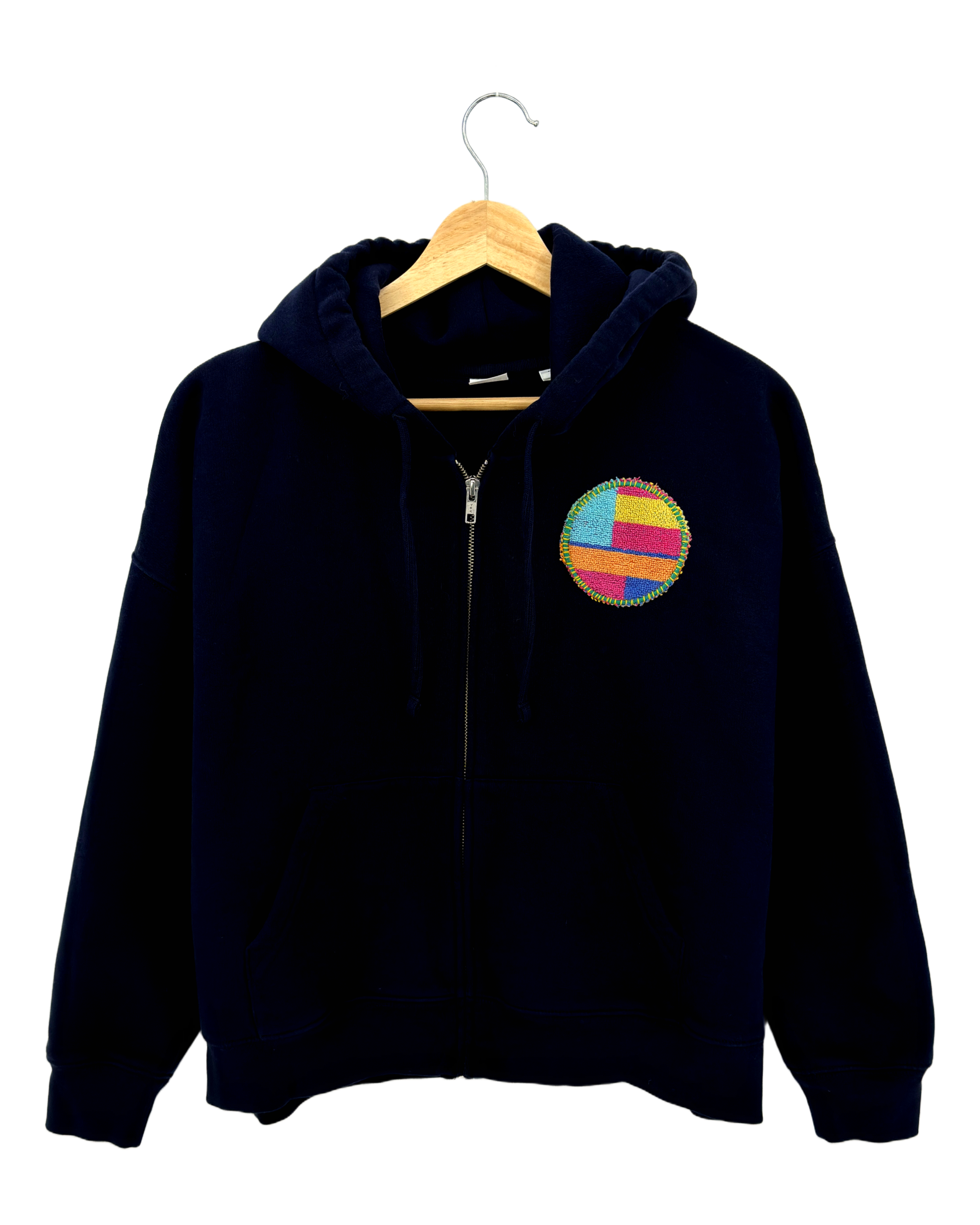 Medium Navy Making a Scene Zip Up Hoodie — one-of-a-kind upcycled vintage beach towel piece, handmade by Kspek, view 2
