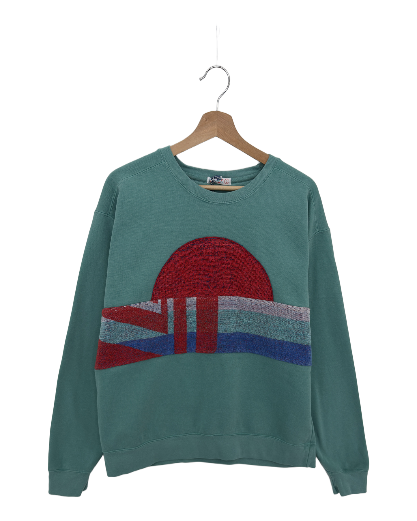 Large Light Jade Sunset Chaser "Retro Radiance" — one-of-a-kind upcycled vintage beach towel sweatshirt, handmade by Kspek, view 3