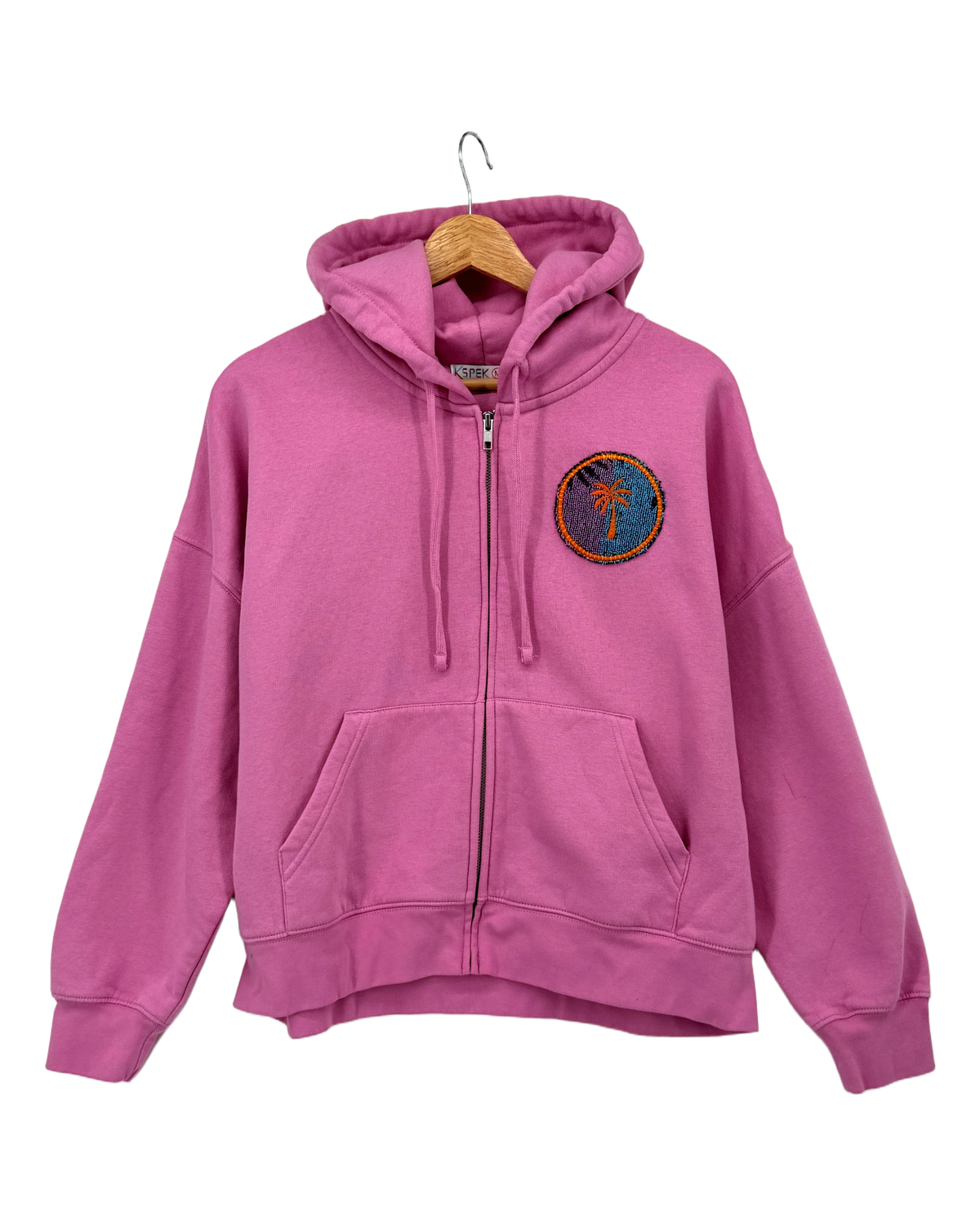 Medium Pink Making a Scene Zip Up Hoodie — one-of-a-kind upcycled vintage beach towel piece, handmade by Kspek, view 2
