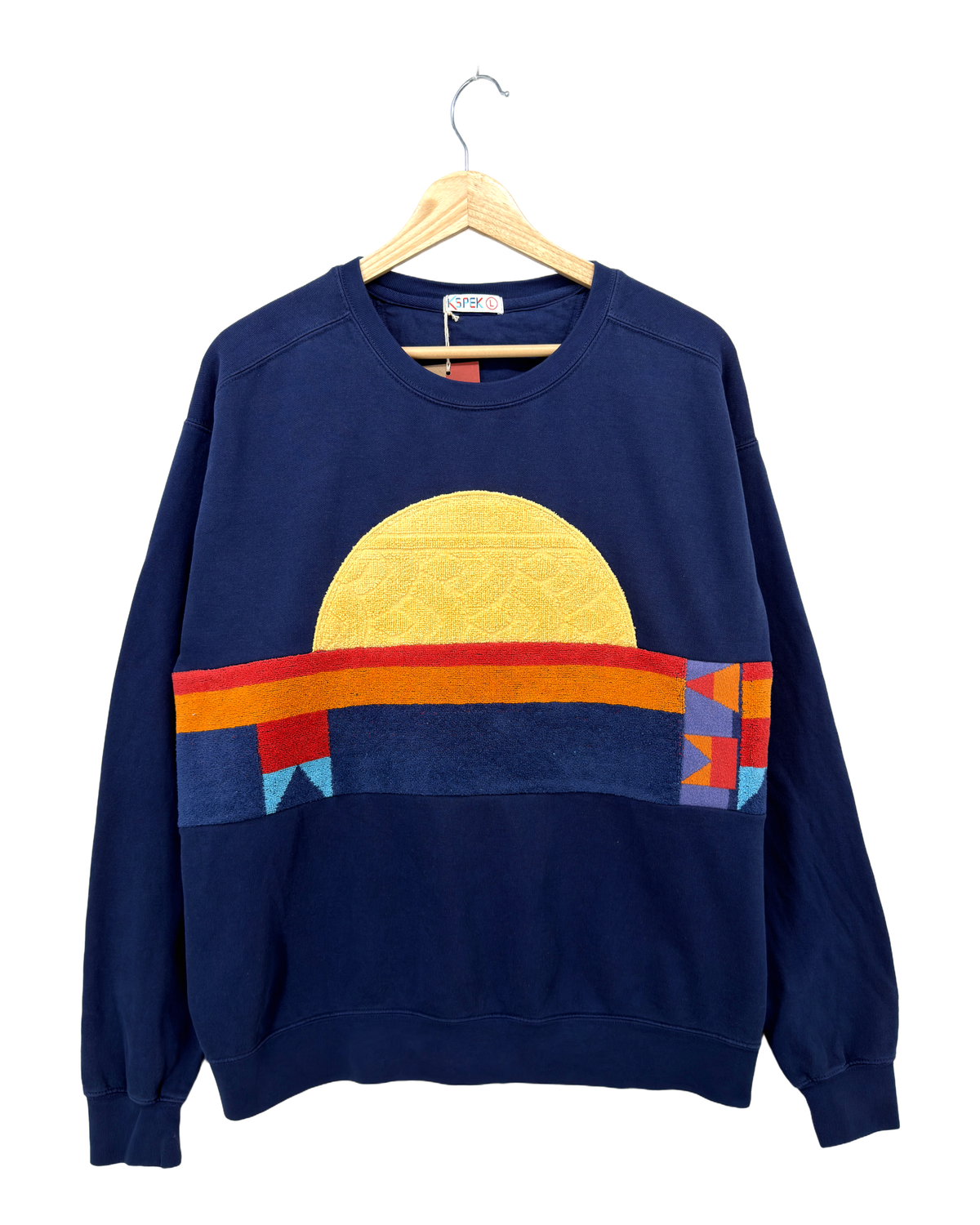 Large Navy Sunset Chaser "Geometric Sunrise" — one-of-a-kind upcycled vintage beach towel sweatshirt, handmade by Kspek, view 4