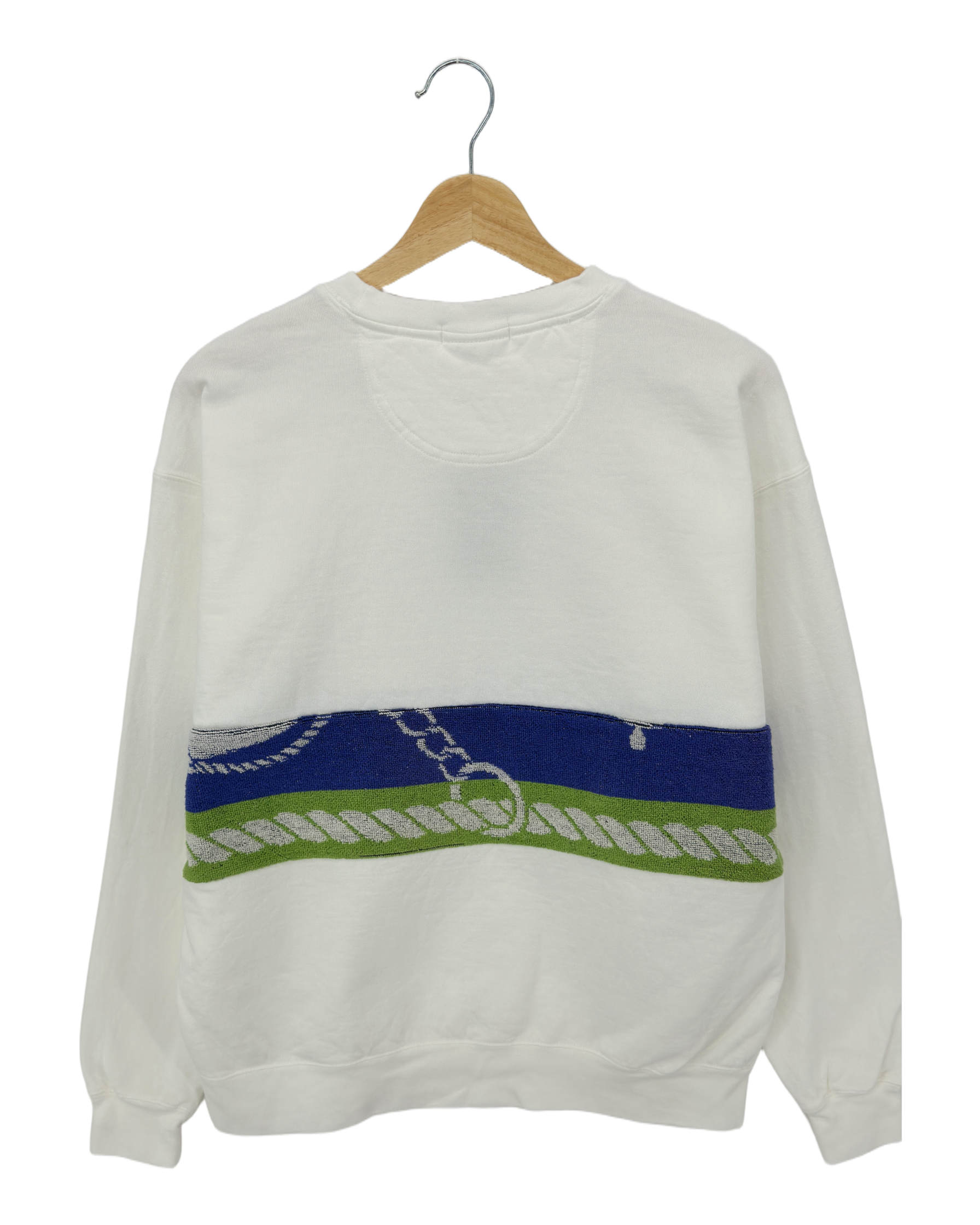 Large White Sunset Chaser "Seaside Sway" — one-of-a-kind upcycled vintage beach towel sweatshirt, handmade by Kspek, view 3