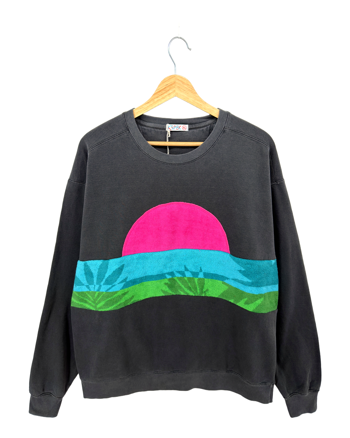 X-Large Pepper Sunset Chaser "Tropical Dawn Layers" — one-of-a-kind upcycled vintage beach towel sweatshirt, handmade by Kspek, view 4