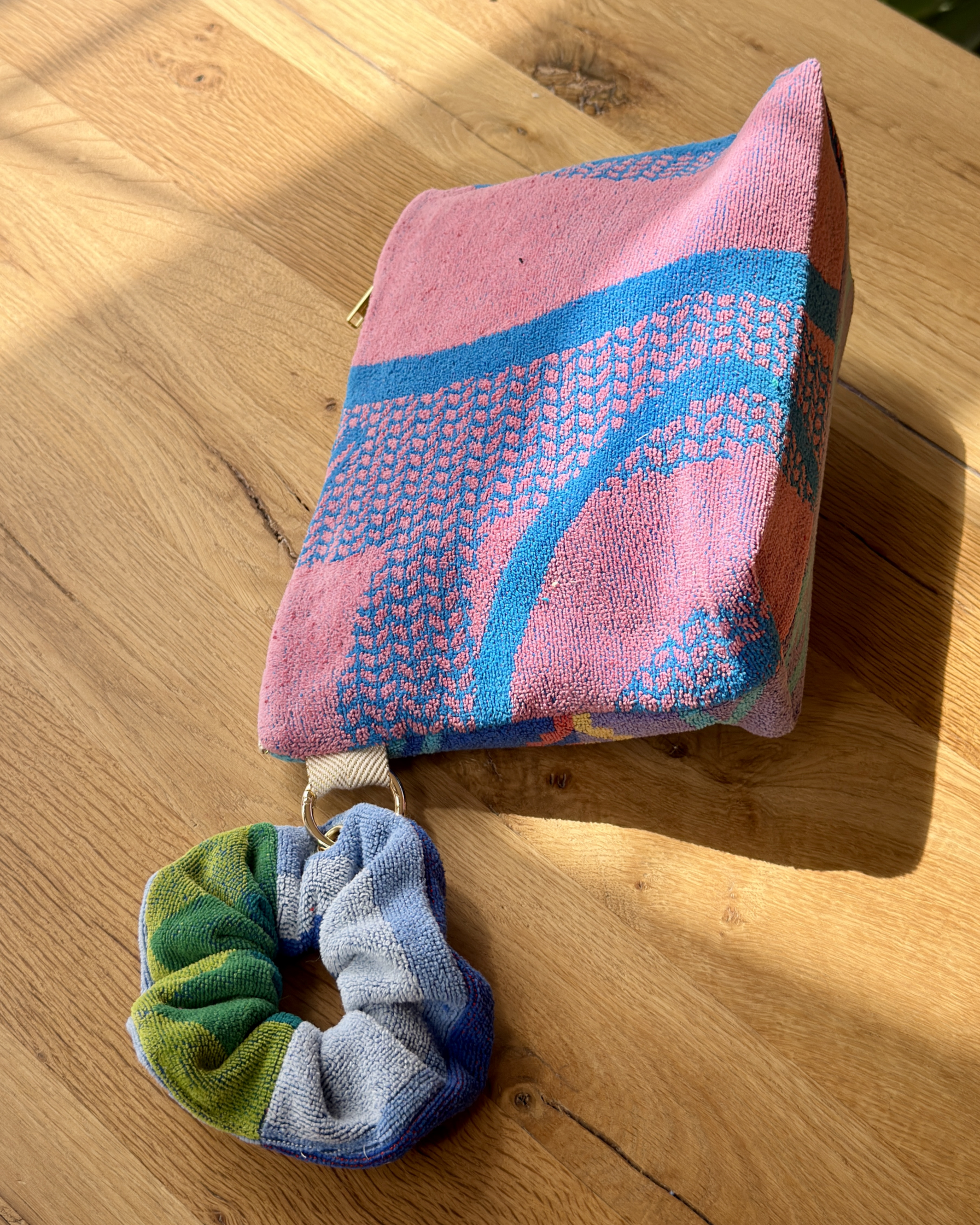 Repurposed Towel Beach Clutch “Sunset Waves” — handmade by Kspek from upcycled vintage textiles, view 3