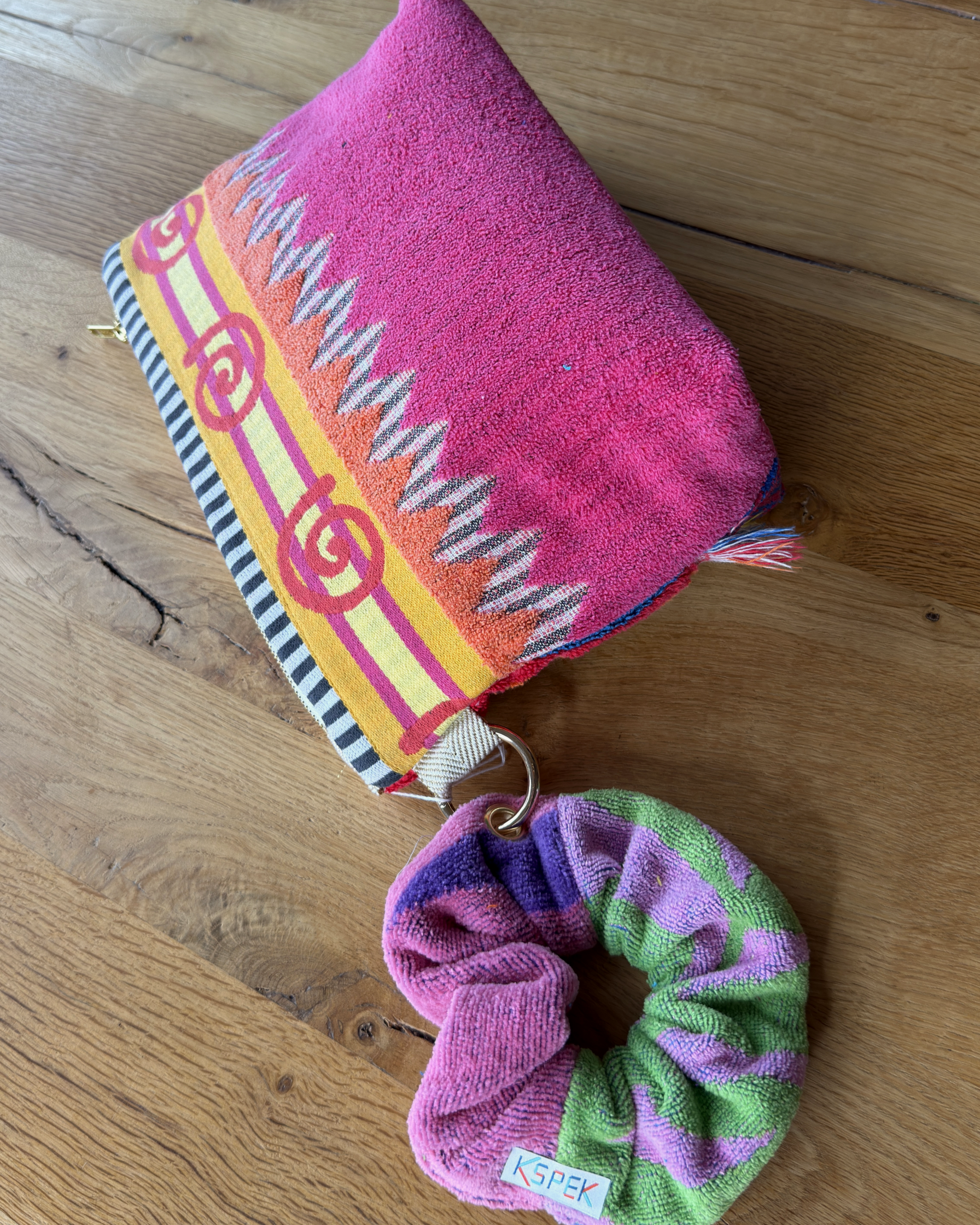 Repurposed Towel Beach Clutch “Fringe Benefits” — handmade by Kspek from upcycled vintage textiles, view 5