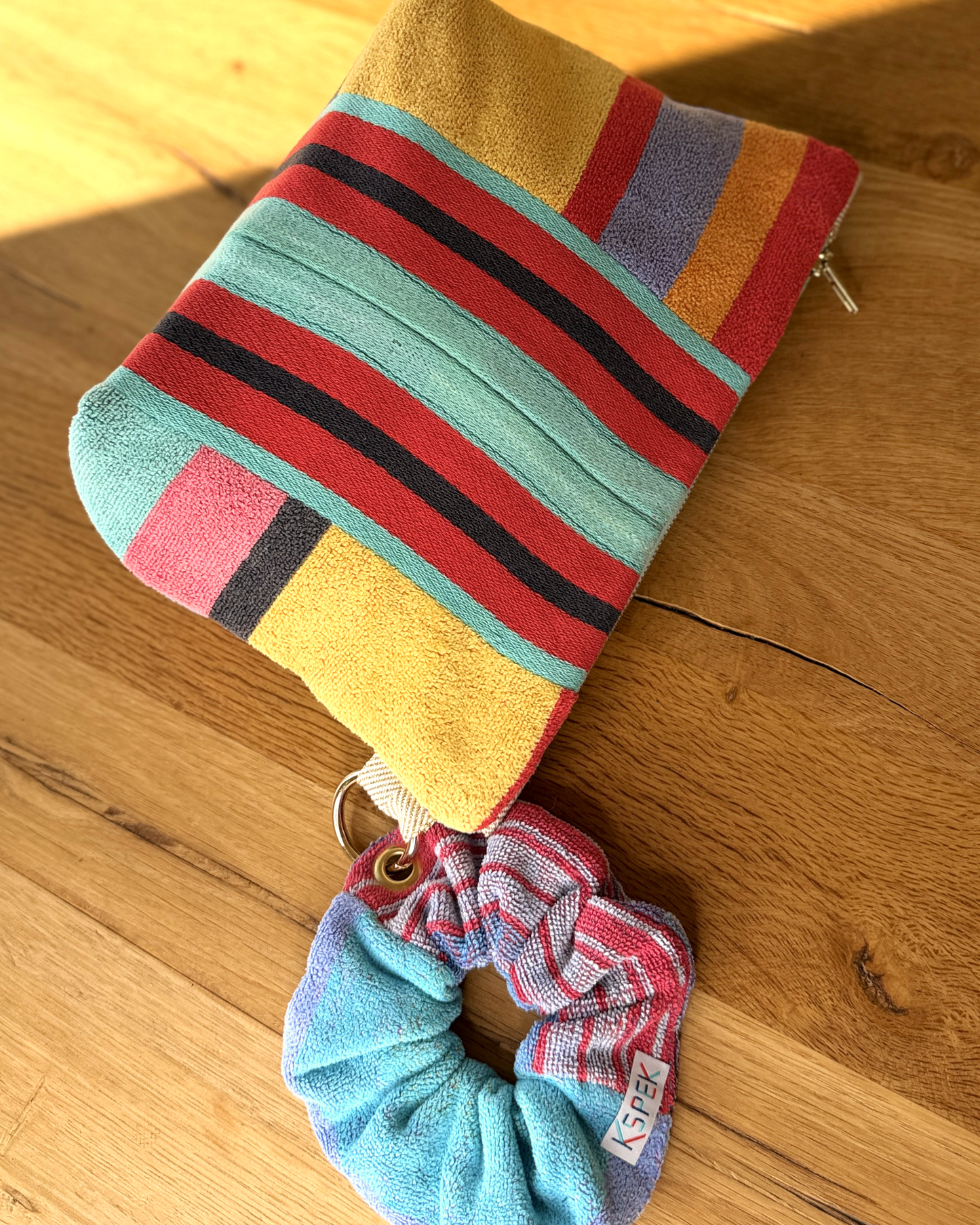 Repurposed Towel Beach Clutch “Sunset Horizon” — handmade by Kspek from upcycled vintage textiles, view 6