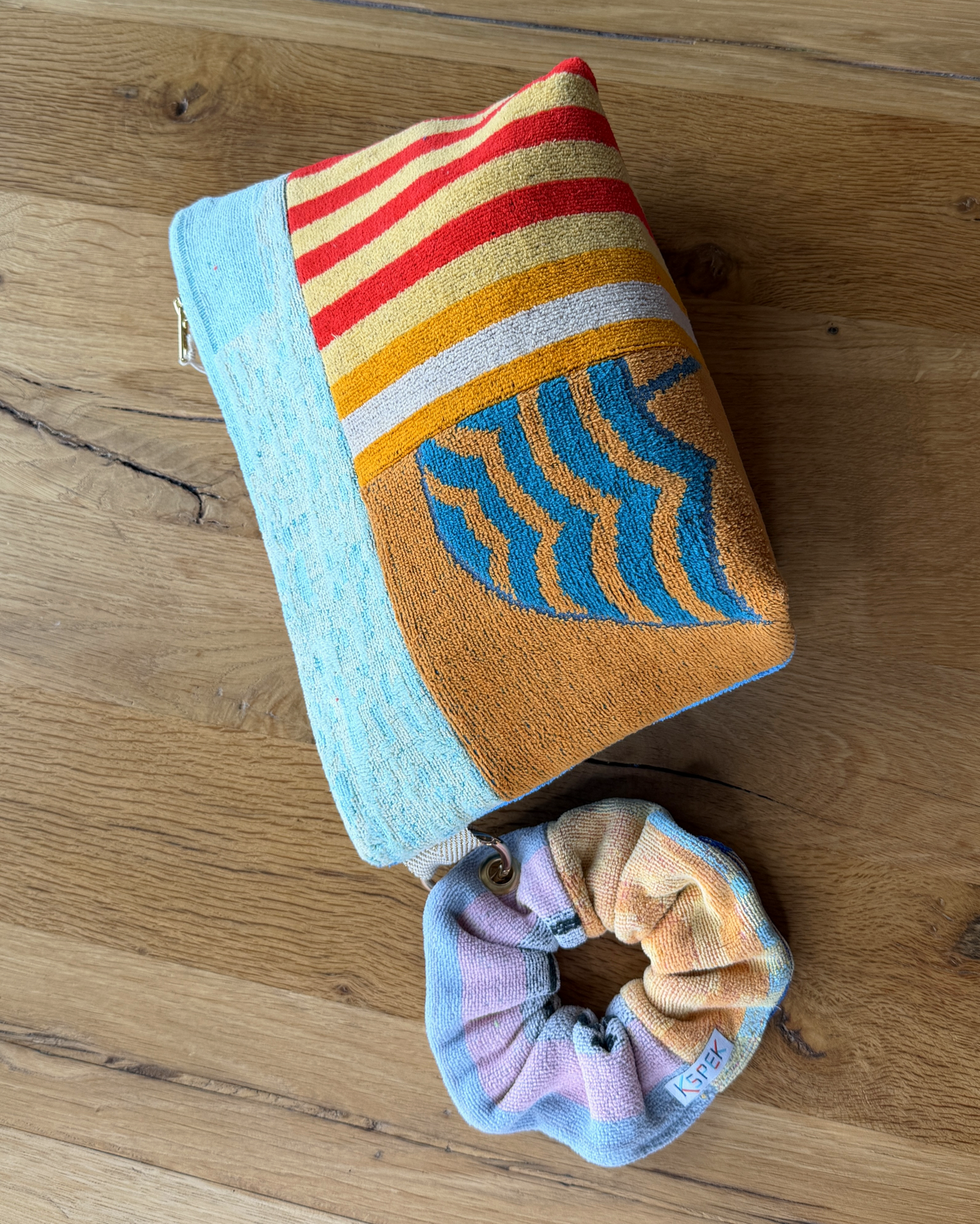 Repurposed Towel Beach Clutch “Surf Horizon” — handmade by Kspek from upcycled vintage textiles, view 5
