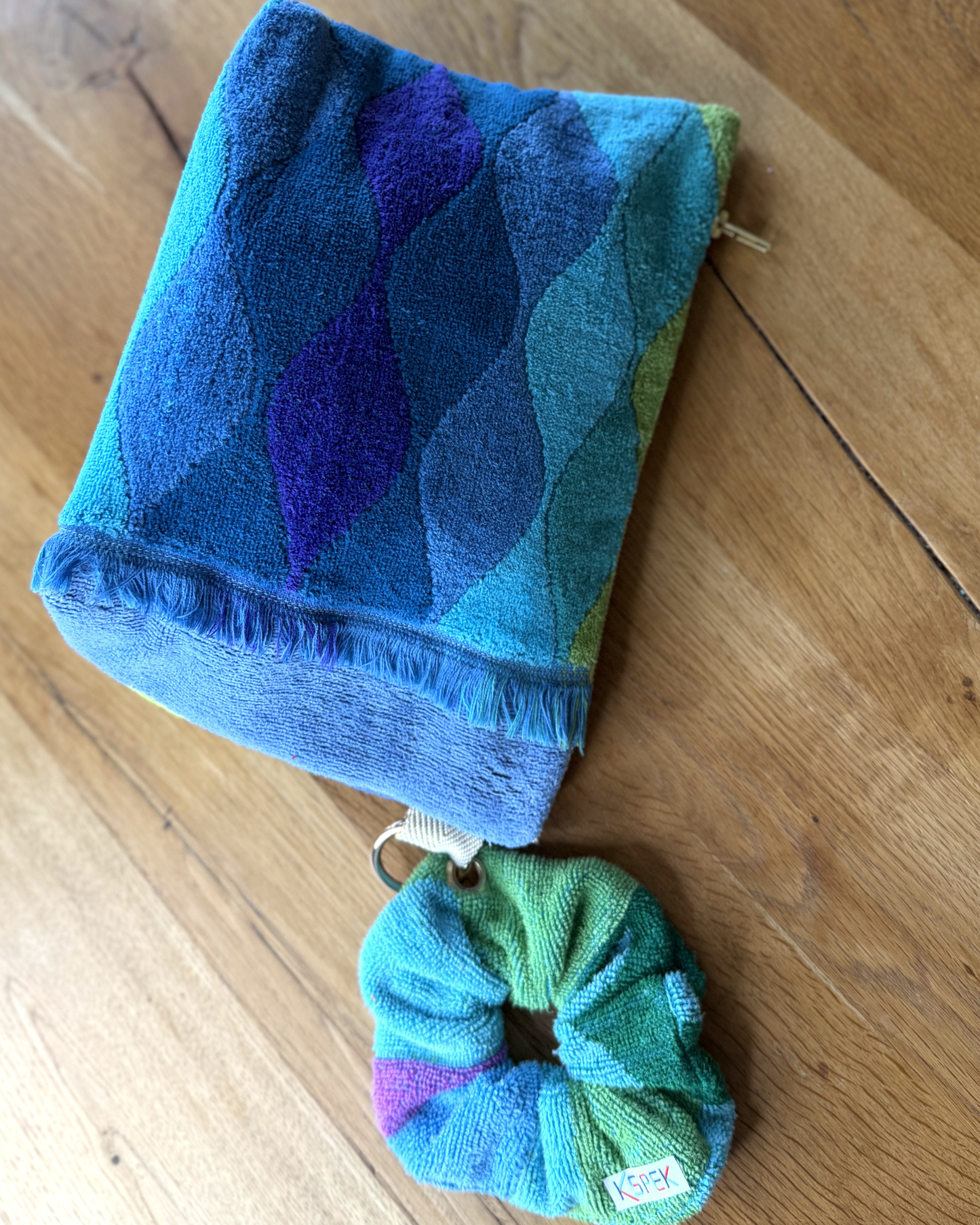 Repurposed Towel Beach Clutch “Waves and Vibes” — handmade by Kspek from upcycled vintage textiles, view 6