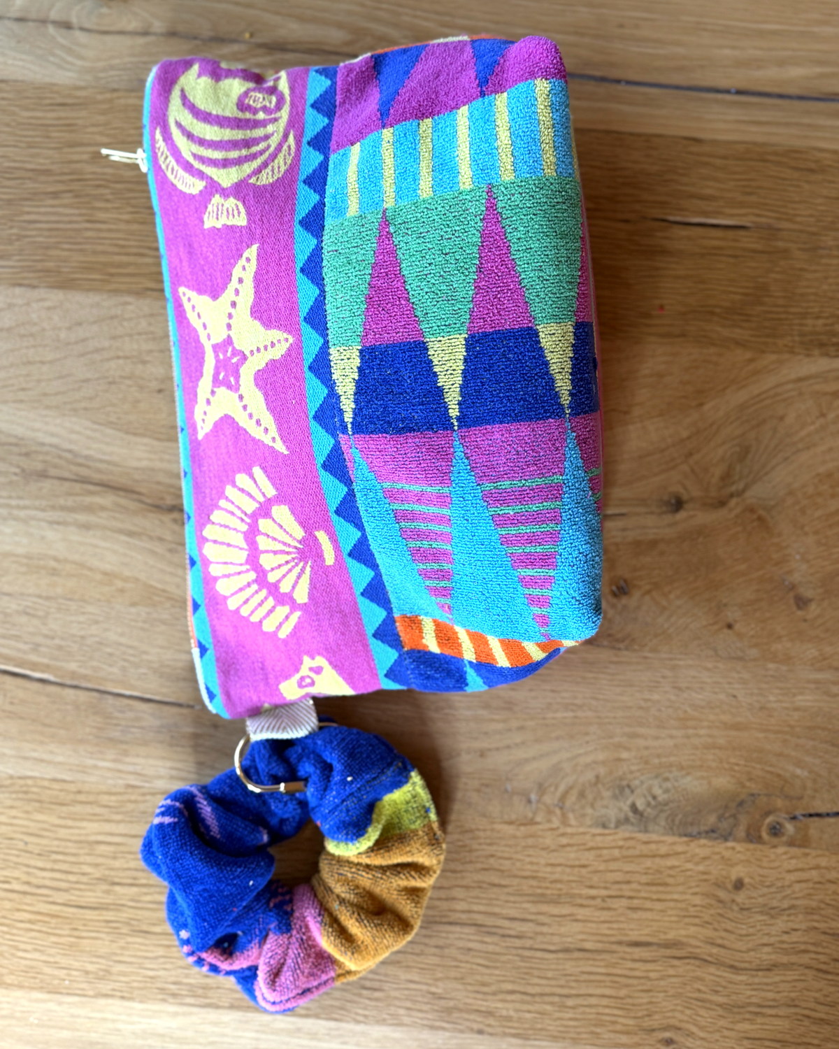 Repurposed Towel Beach Clutch “Sundown Patterns” — handmade by Kspek from upcycled vintage textiles, view 5