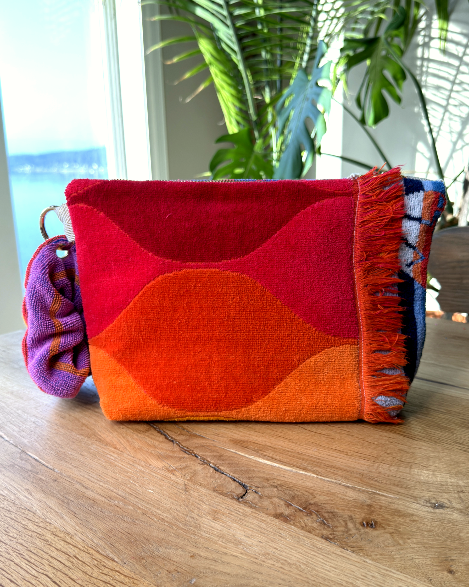 Repurposed Towel Beach Clutch “Tropical Sunset” — handmade by Kspek from upcycled vintage textiles, view 3