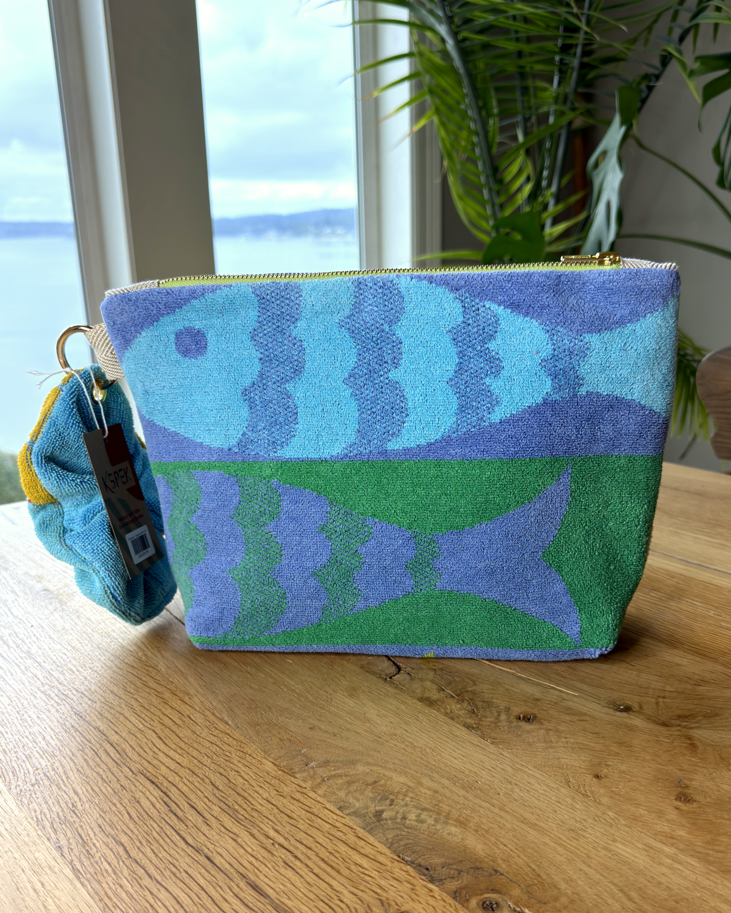 Repurposed Towel Beach Clutch “Fish and Frond” — handmade by Kspek from upcycled vintage textiles, view 3