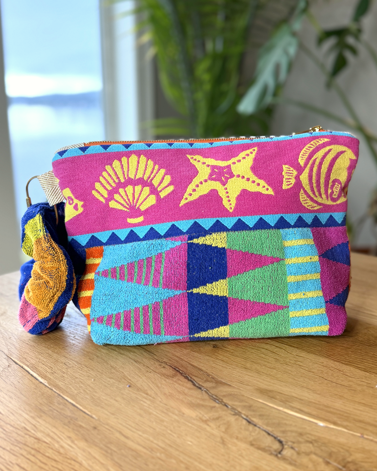 Repurposed Towel Beach Clutch “Sundown Patterns” — handmade by Kspek from upcycled vintage textiles, view 3